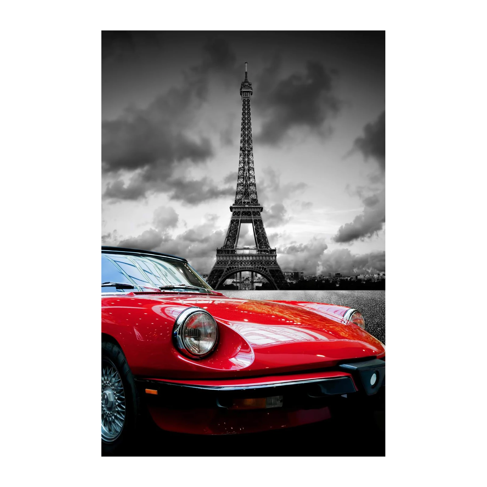 Vintage Red Car Eiffel Tower Paris Wall Art