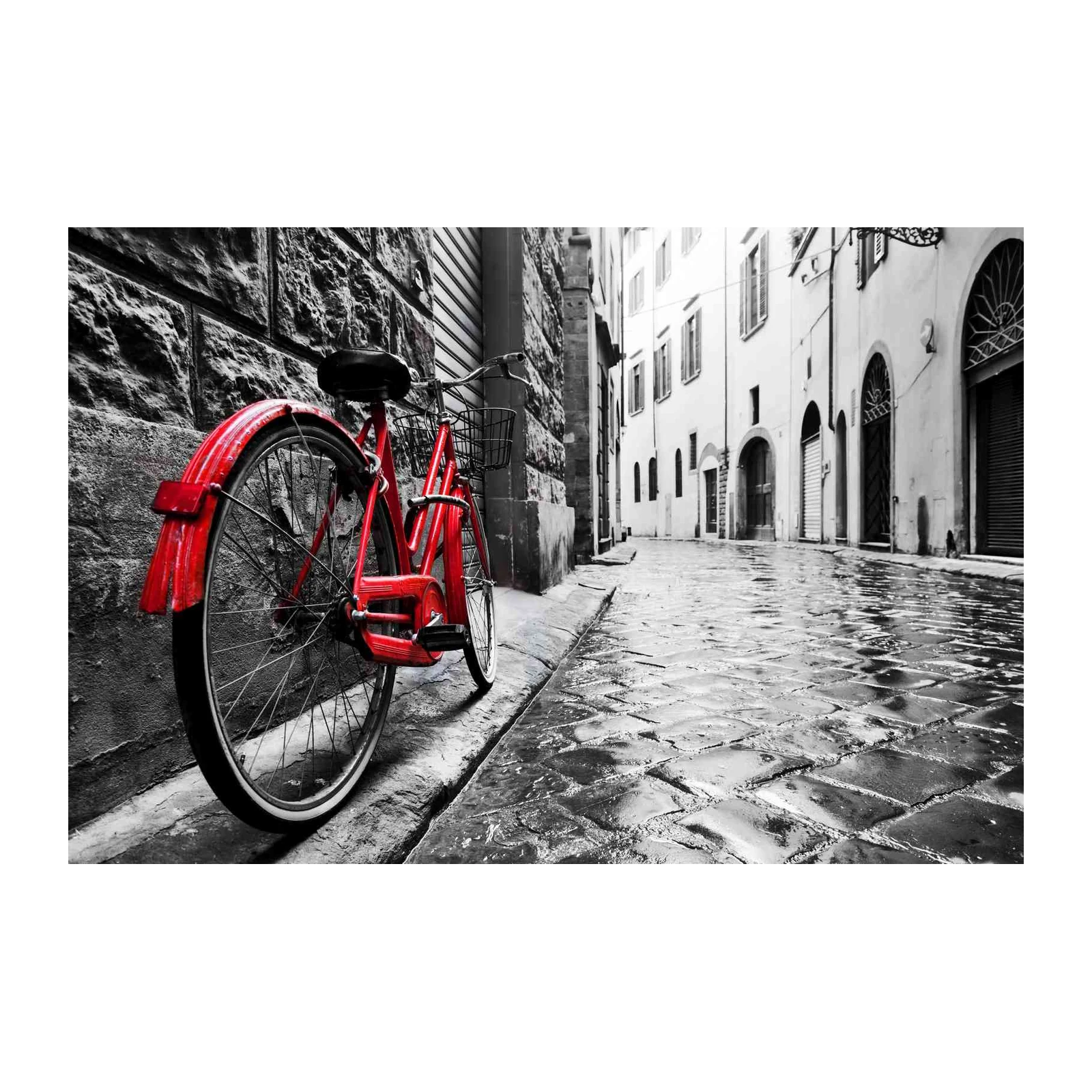 Vibrant Red Bicycle on Cobblestone Street Wall Art
