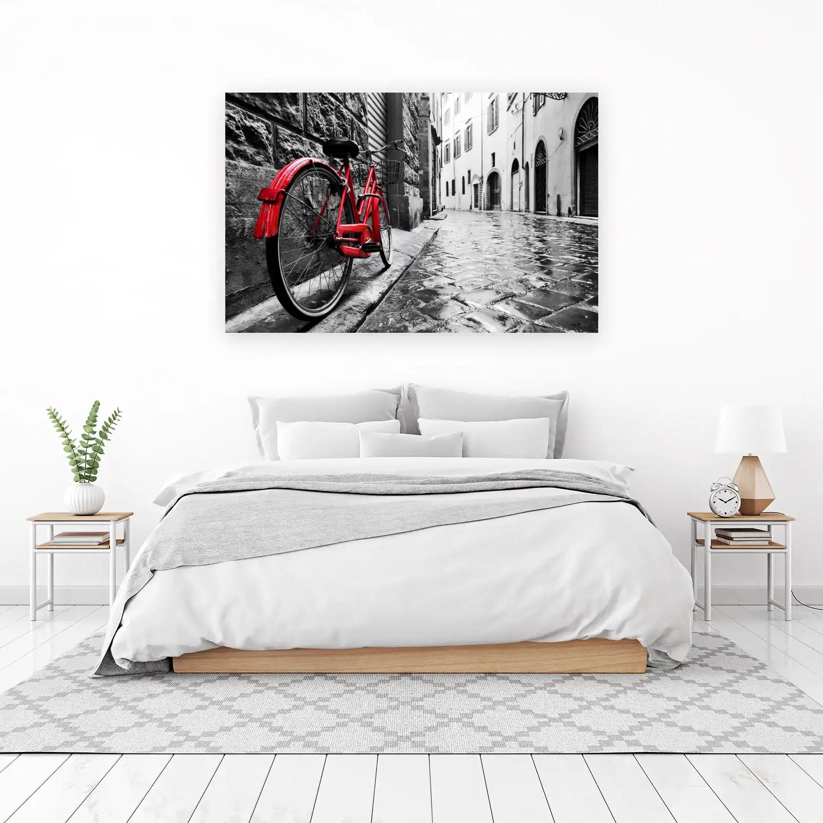Vibrant Red Bicycle on Cobblestone Street Wall Art