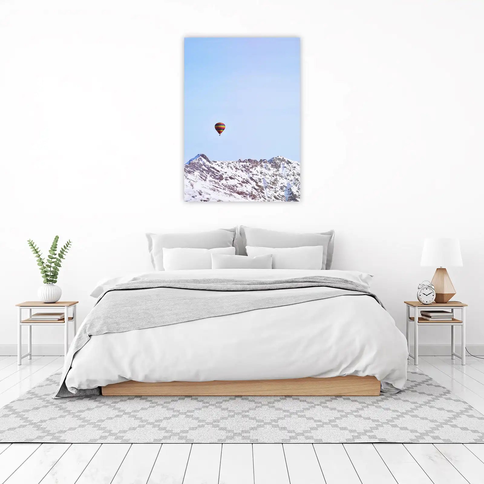 Vibrant Hot Air Balloon Over Snowy Peaks Wall Art