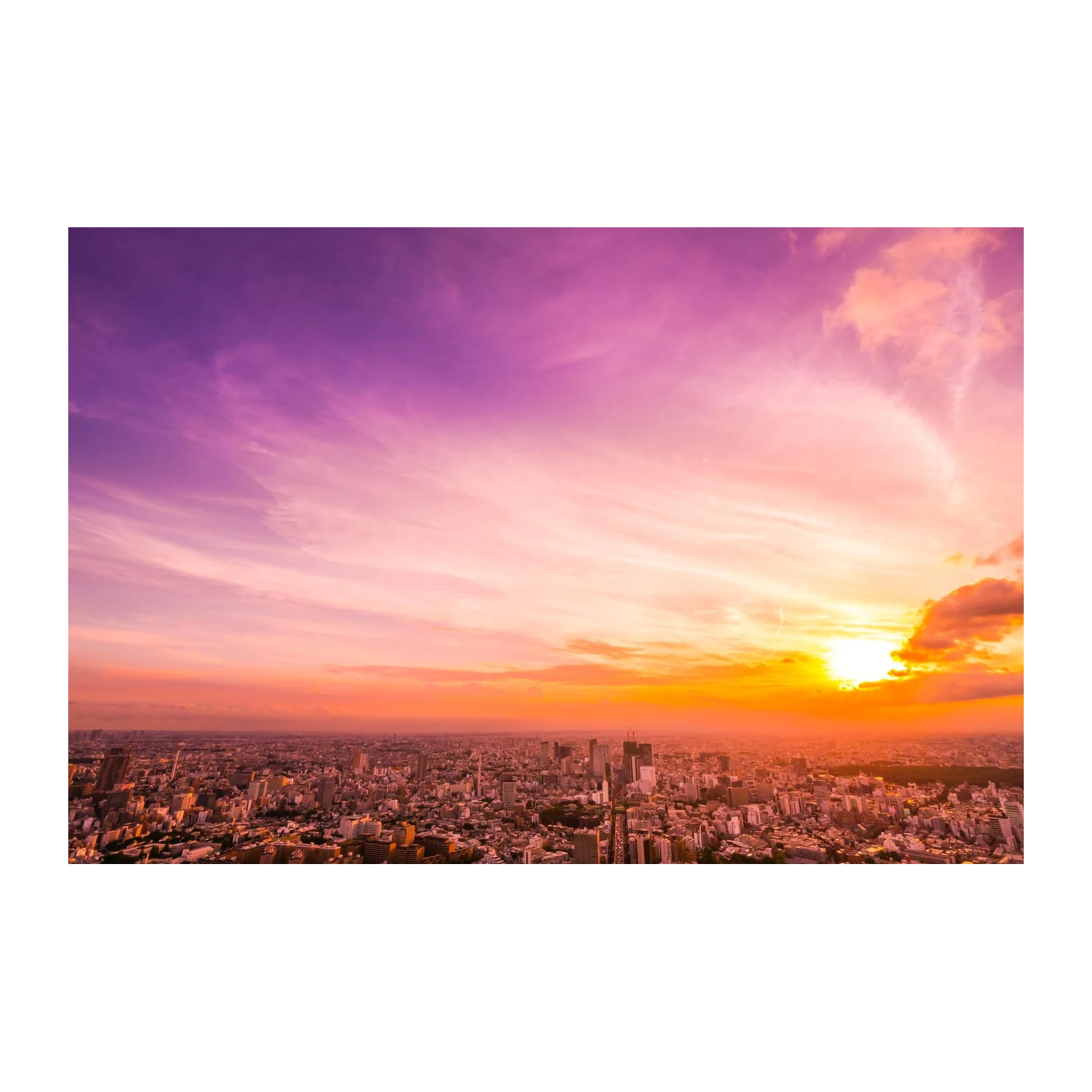 Sunset Cityscape Purple Pink Sky Wall Art