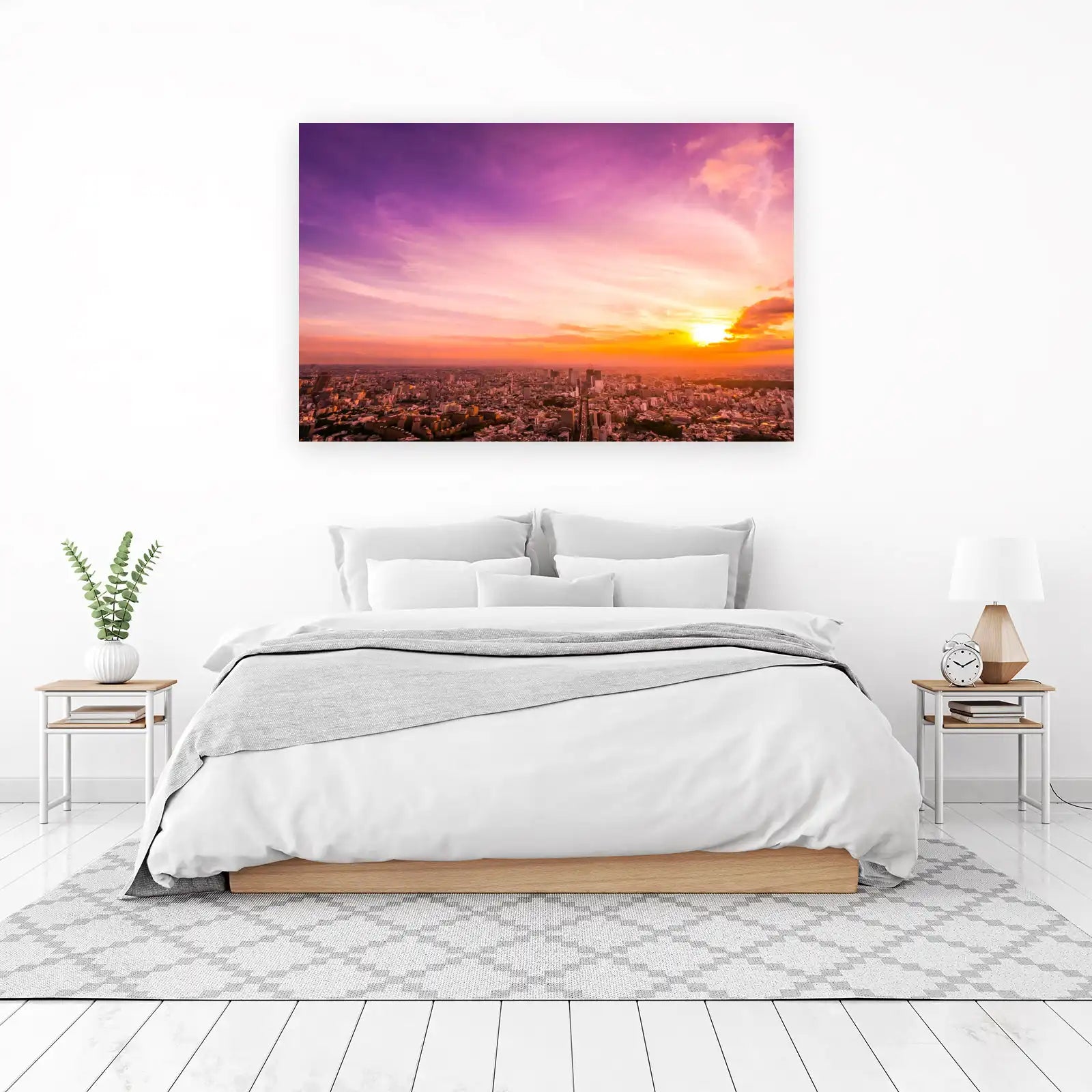 Sunset Cityscape Purple Pink Sky Wall Art