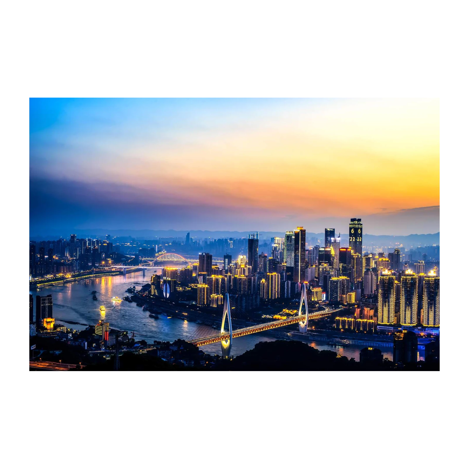 Modern Cityscape Twilight River Bridge Wall Art