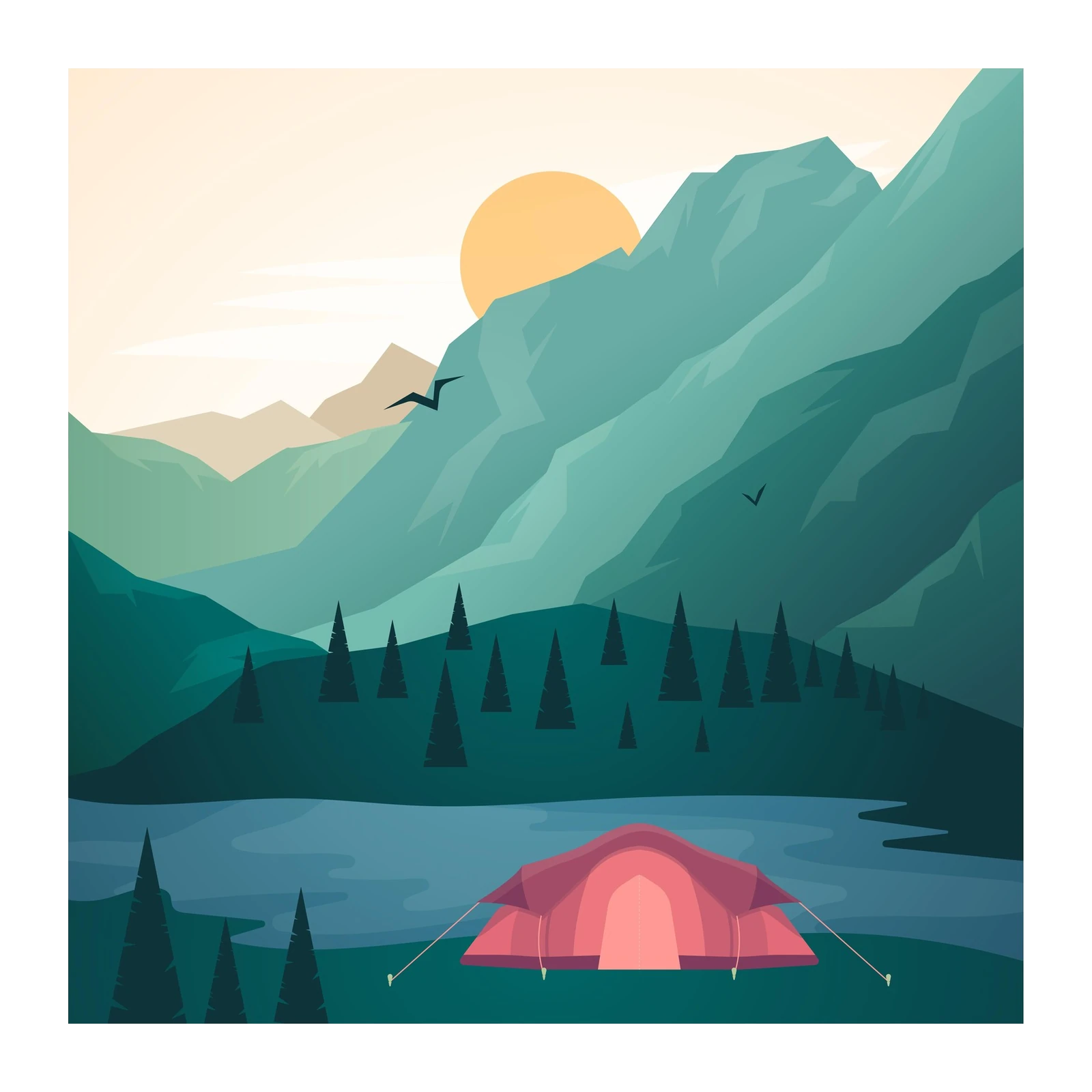 Serene Mountain Lake Camping Landscape Wall Art