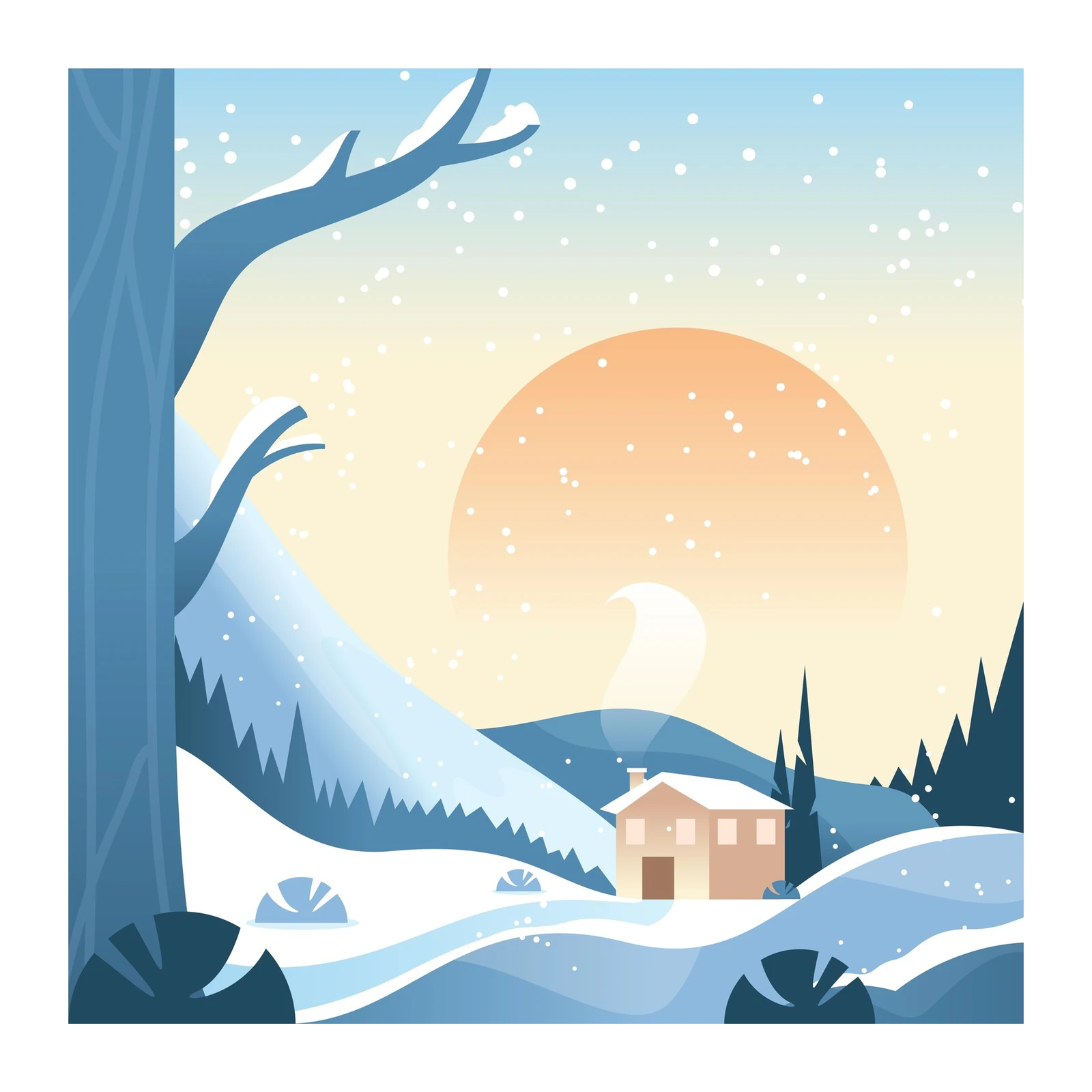Cozy Winter Cabin Sunset Snowfall Wall Art