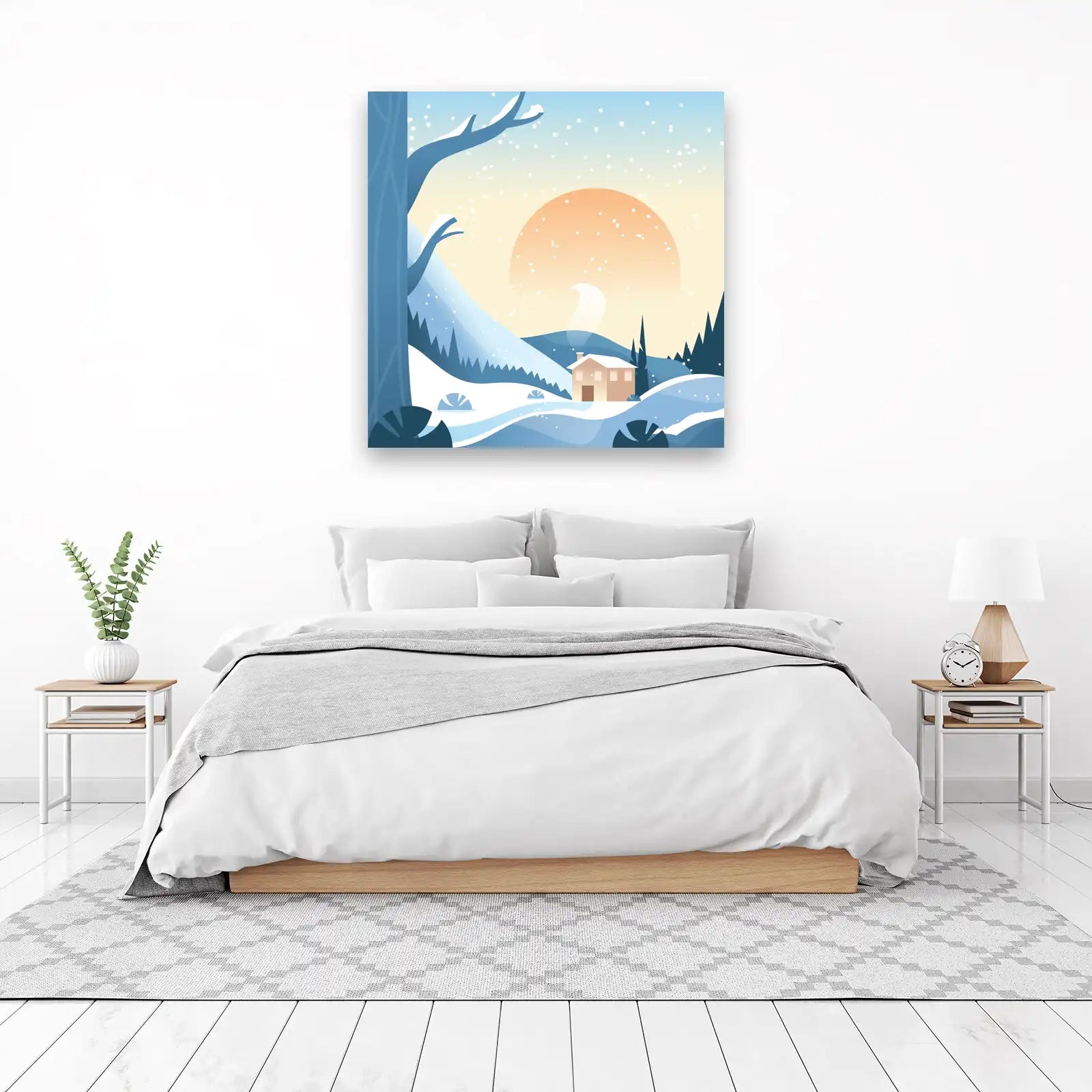 Cozy Winter Cabin Sunset Snowfall Wall Art