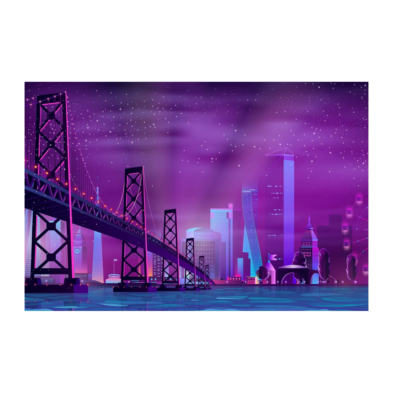 Neon Cityscape Bridge & Ferris Wheel Wall Art