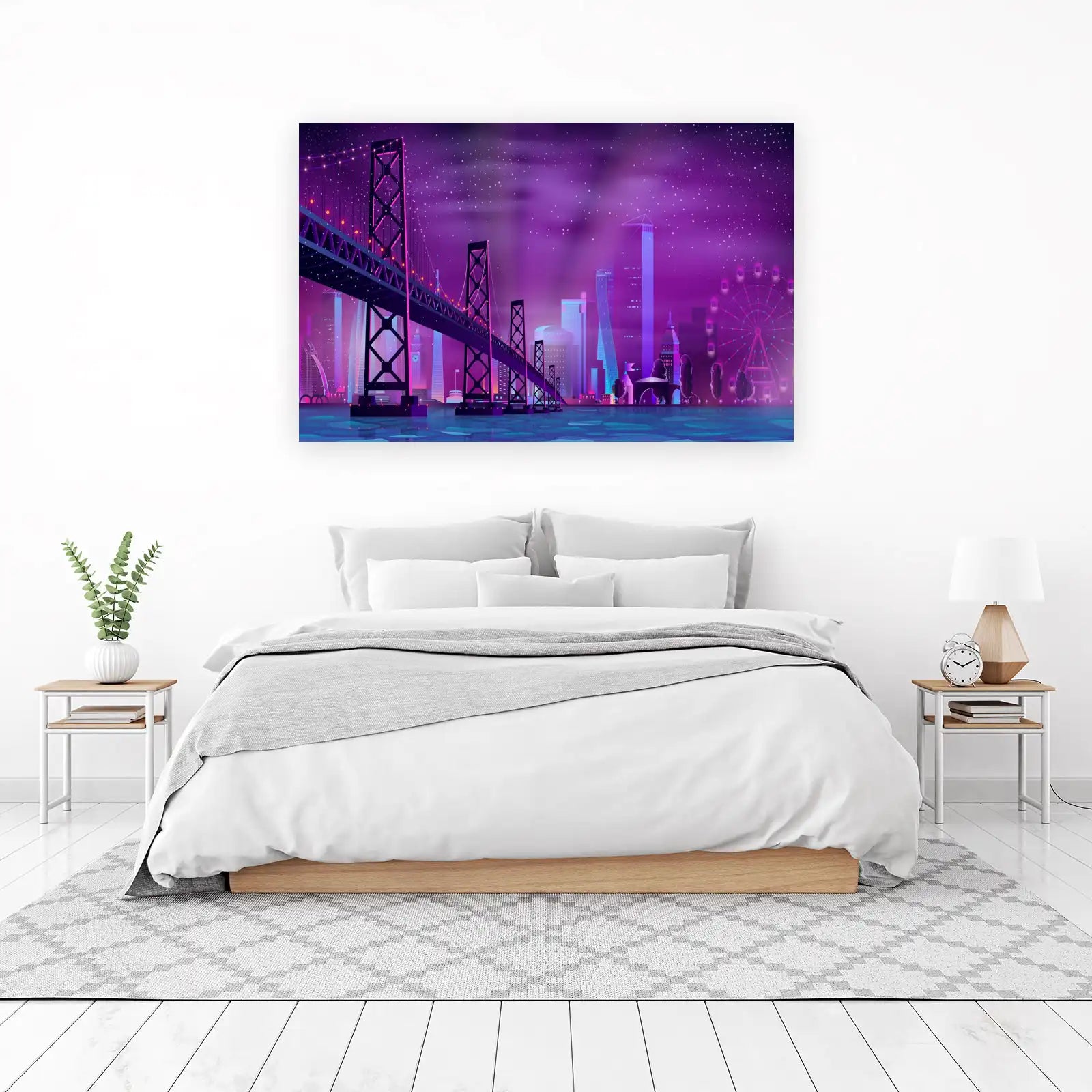 Neon Cityscape Bridge & Ferris Wheel Wall Art