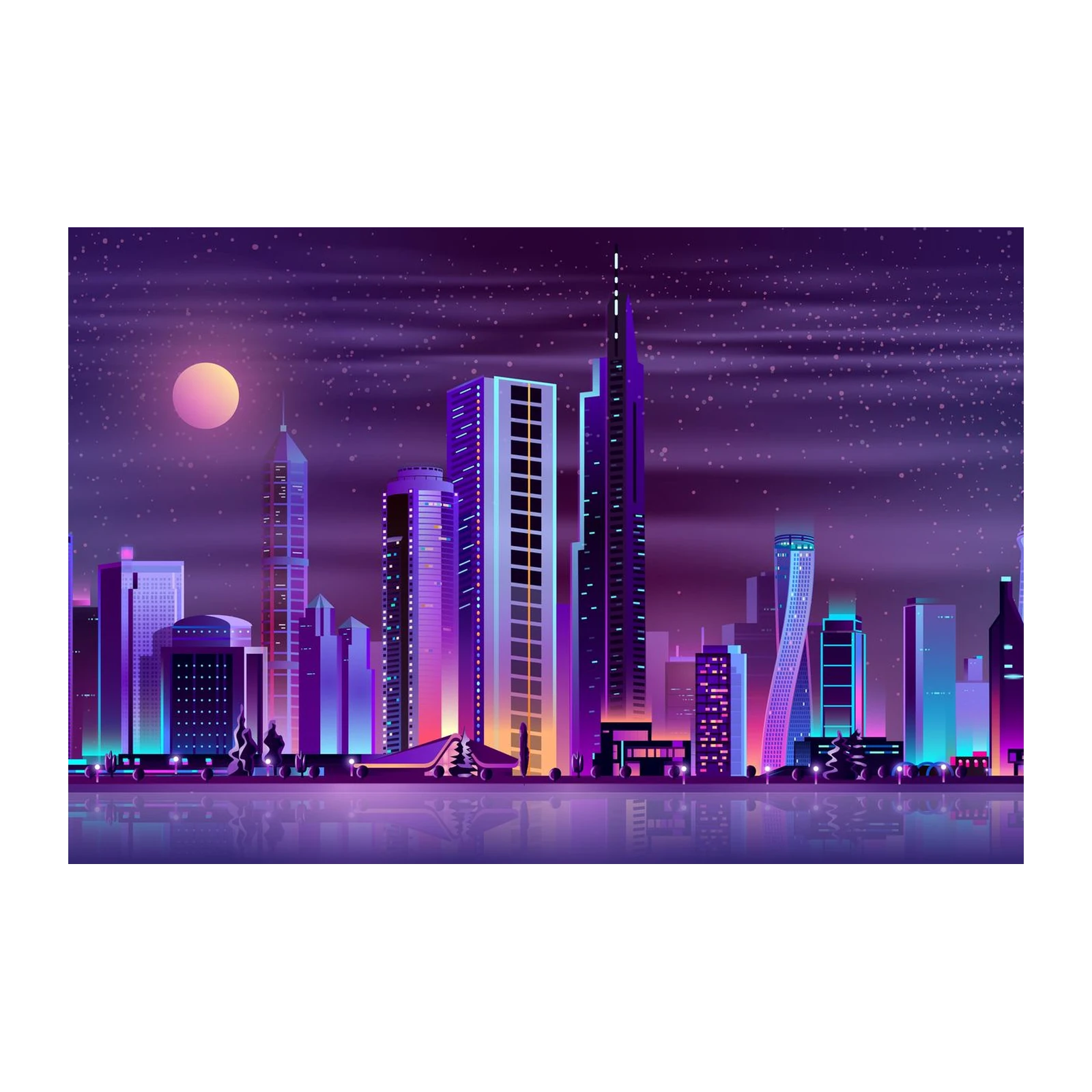 Vibrant Neon Cityscape Night Sky Wall Art
