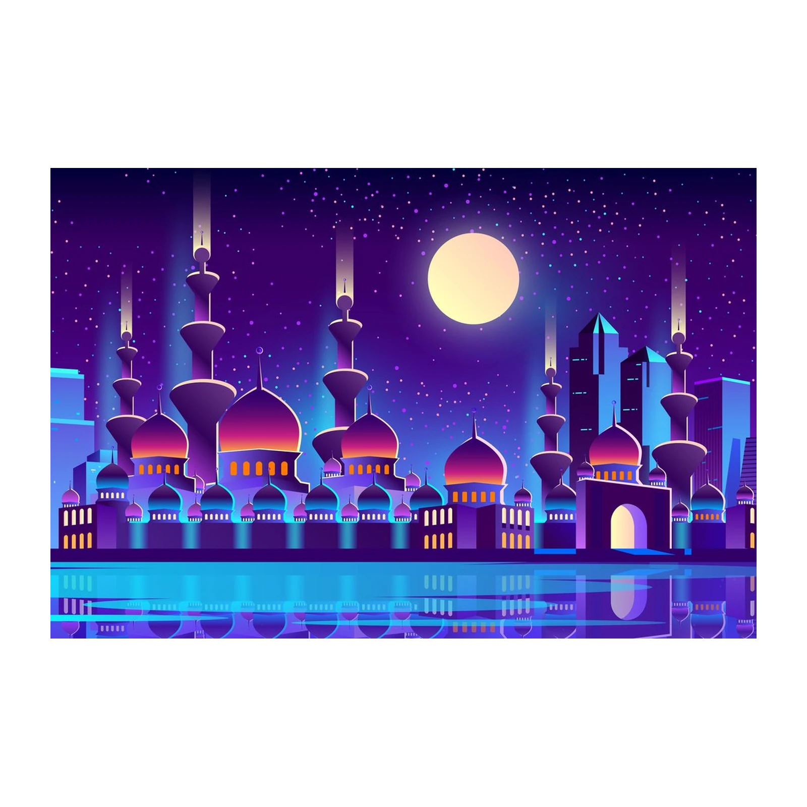 Neon Islamic Cityscape & Moon Wall Art