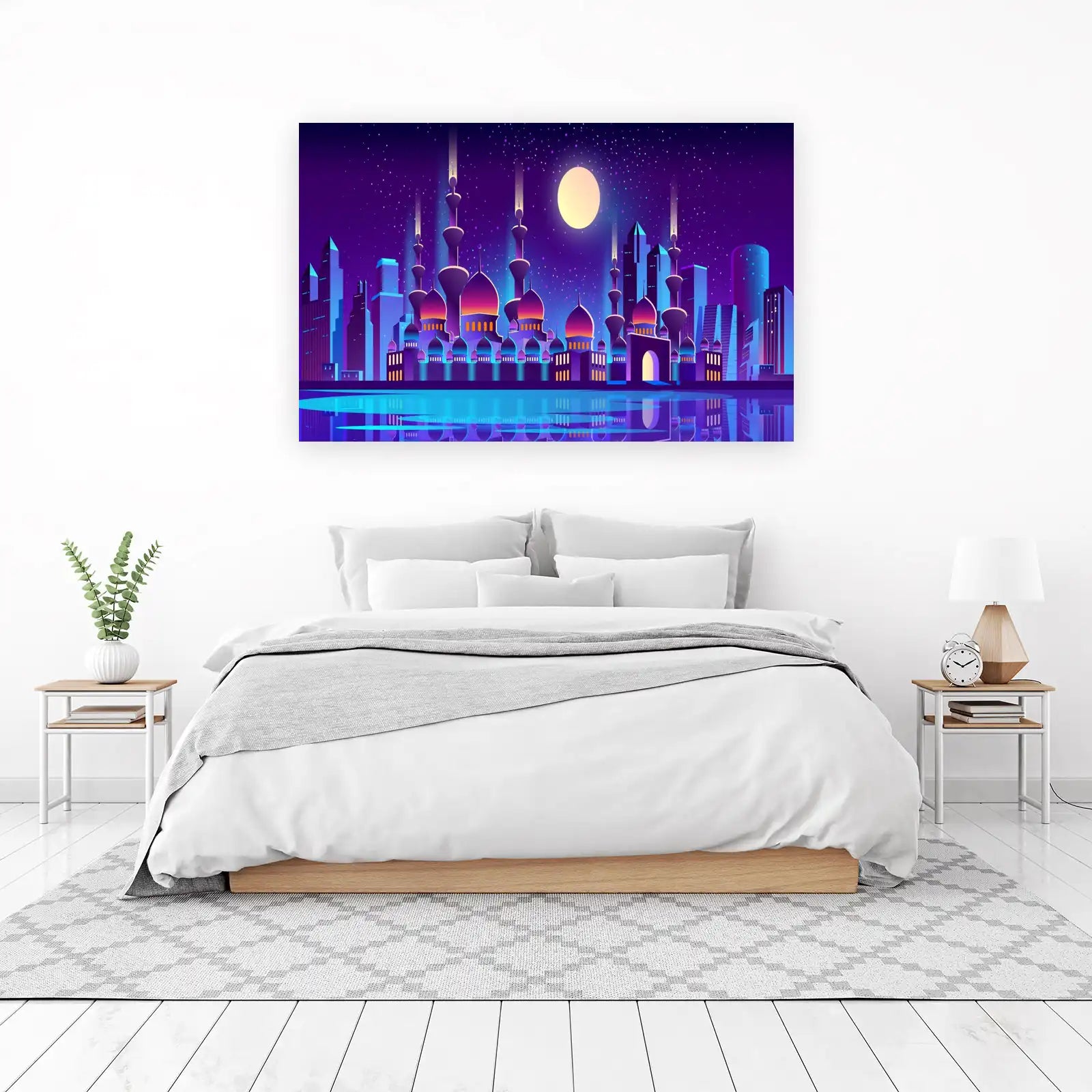 Neon Islamic Cityscape & Moon Wall Art