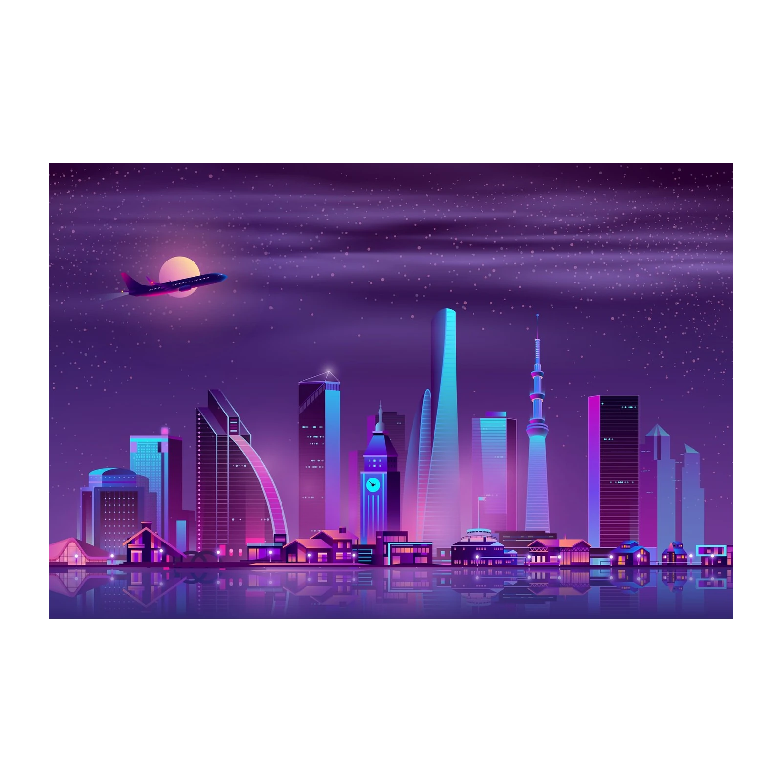Neon Cityscape & Plane Wall Art