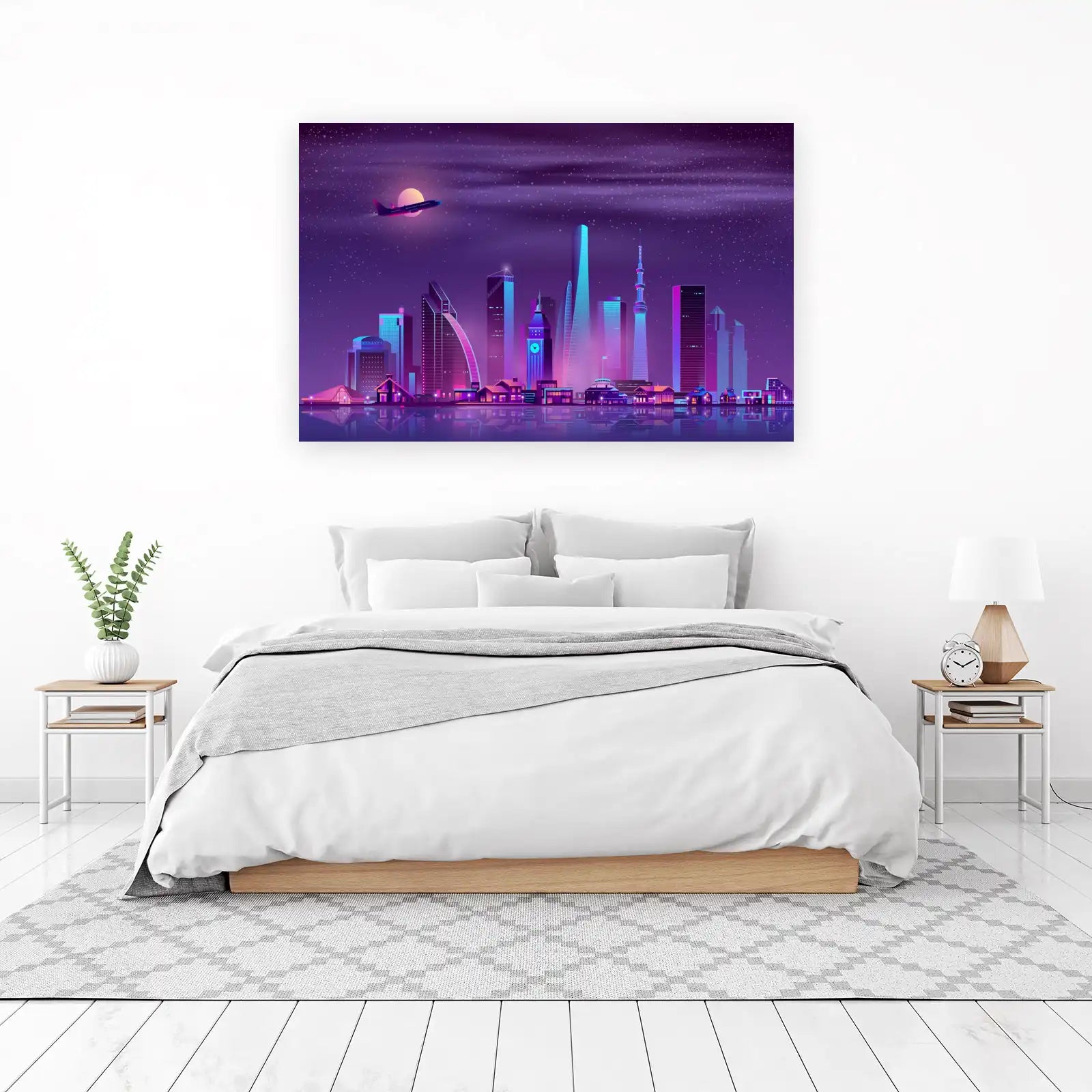 Neon Cityscape & Plane Wall Art
