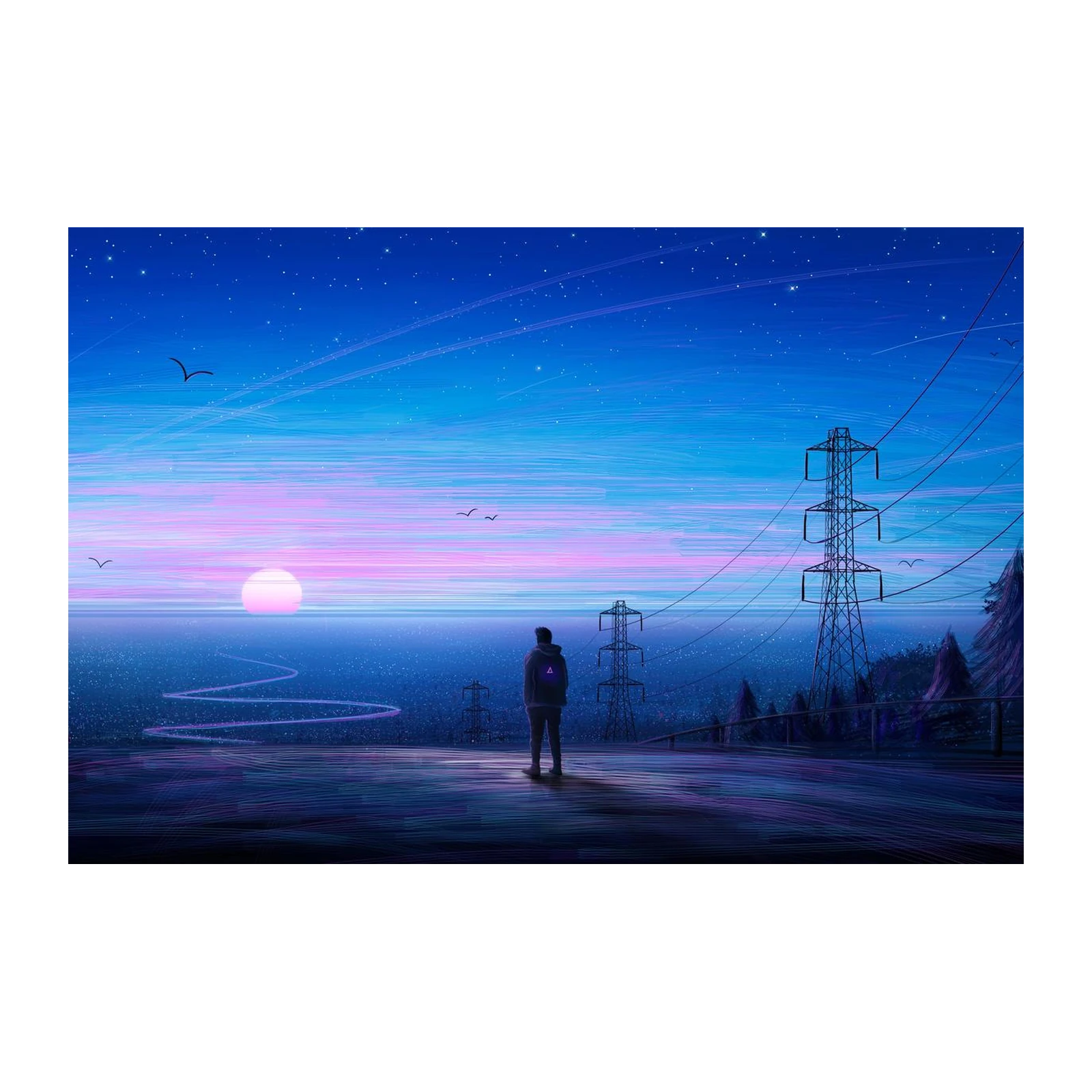 Synthwave Sunset & Powerline Landscape Wall Art