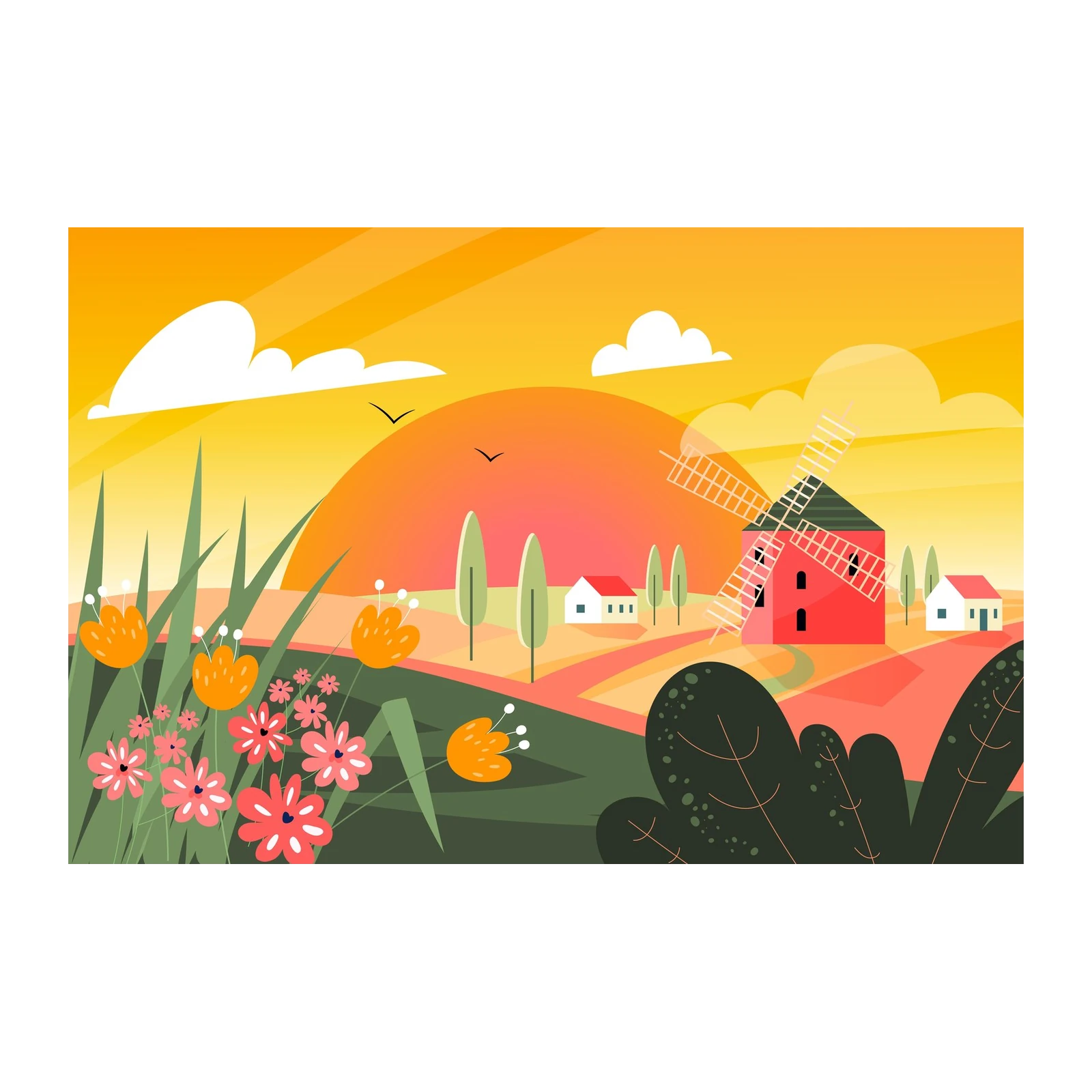 Vibrant Dutch Countryside Windmill Wall Art