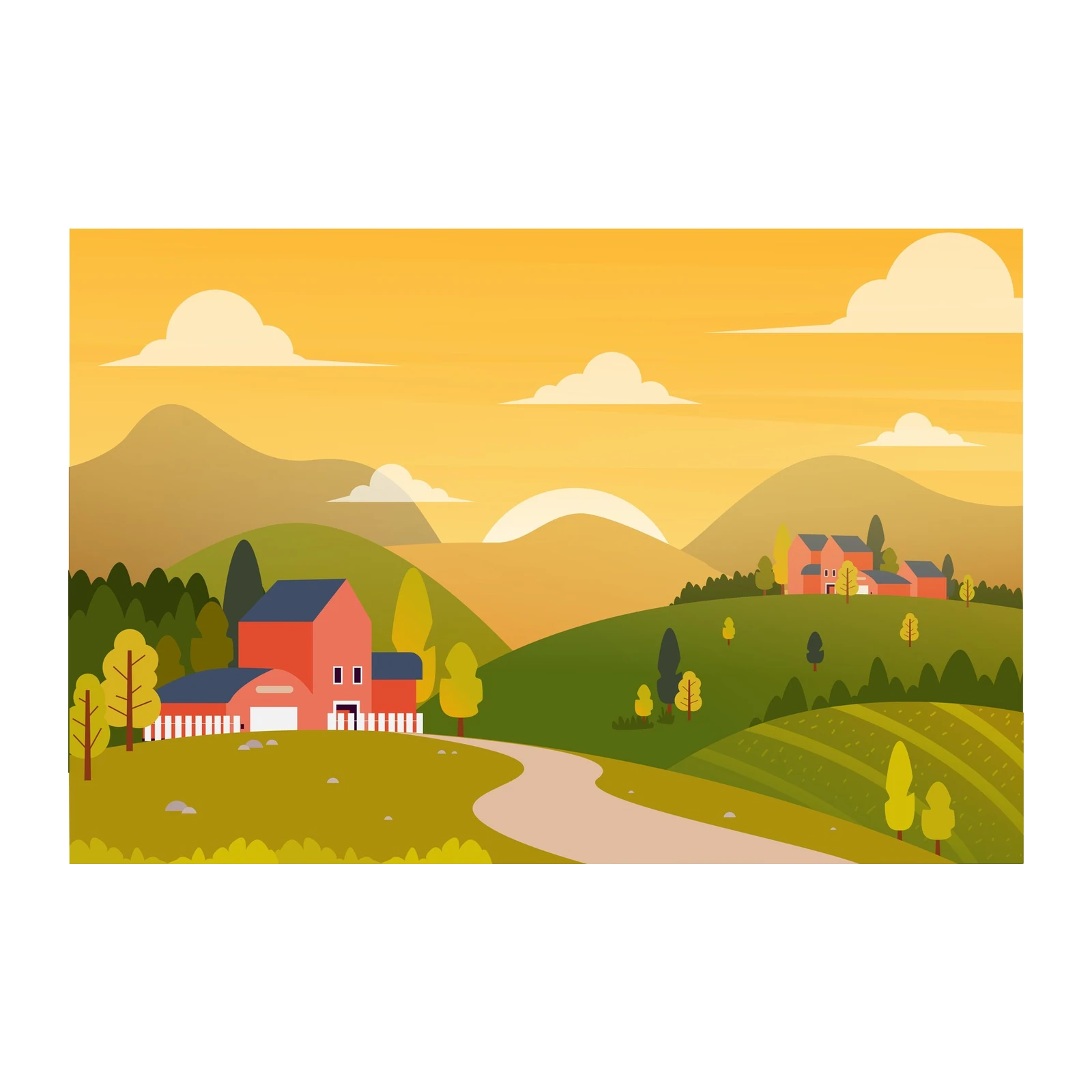 Golden Sunset Farmhouse Landscape Wall Art