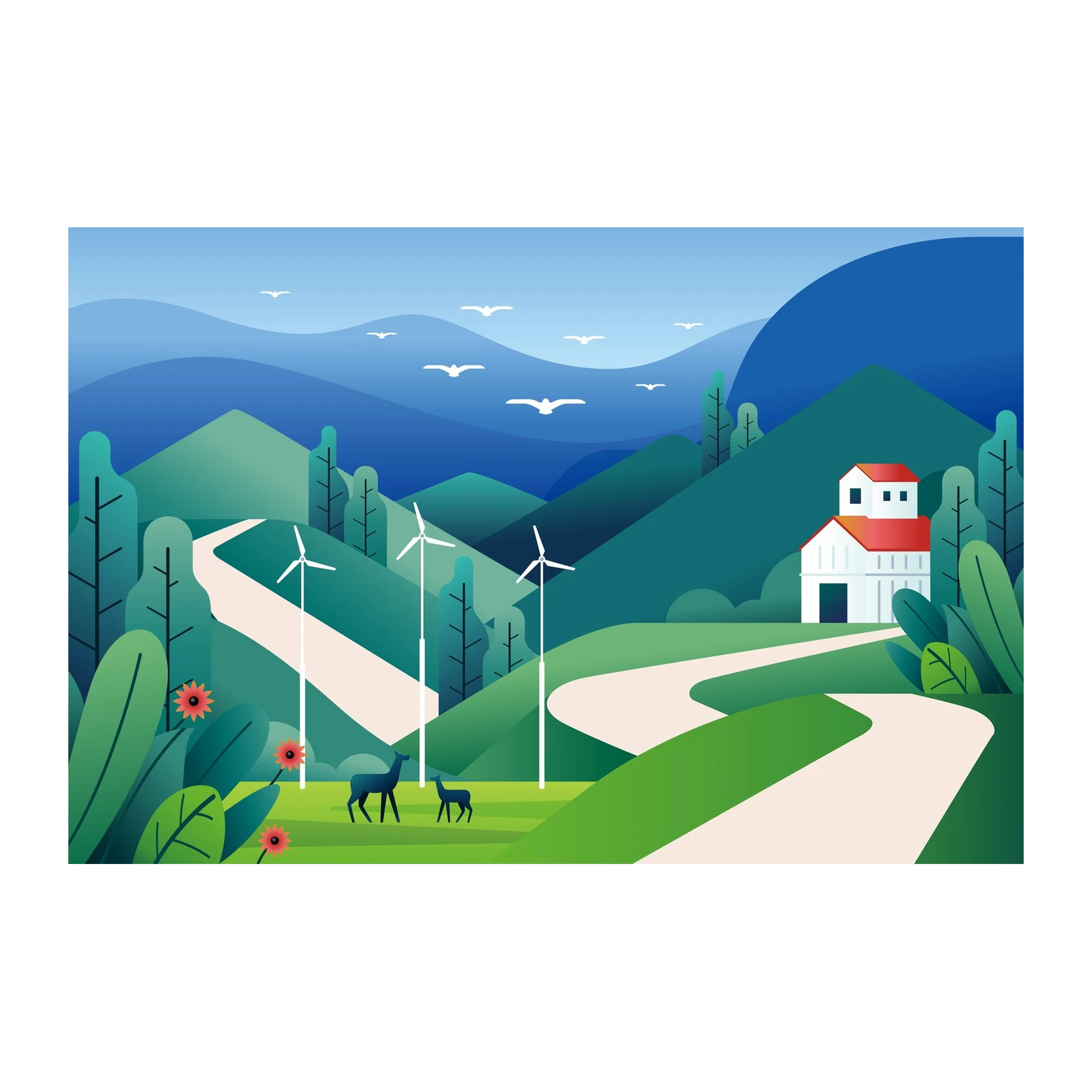Serene Eco-Landscape Windmill Wall Art