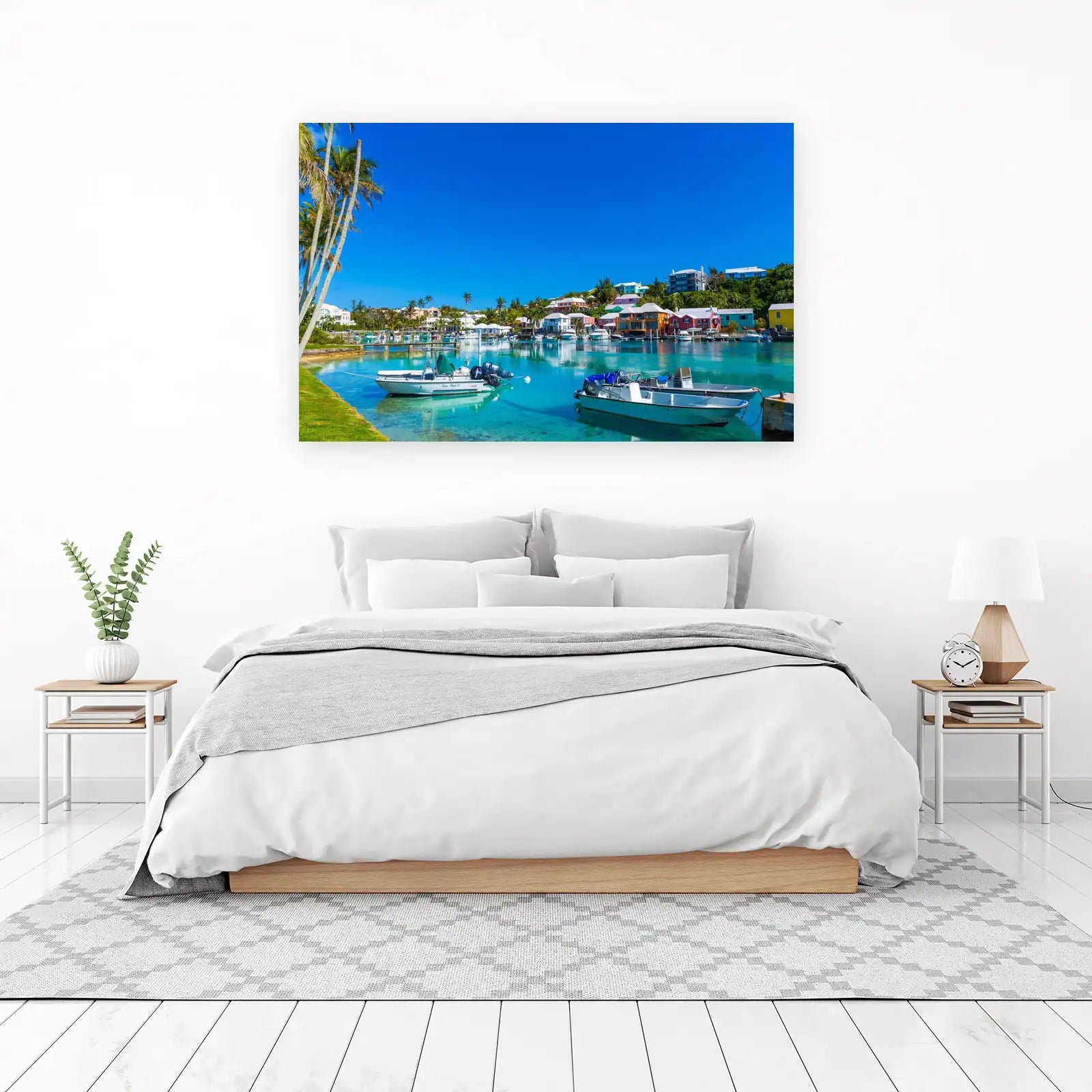 Tropical Harbor Boats & Colorful Homes Wall Art