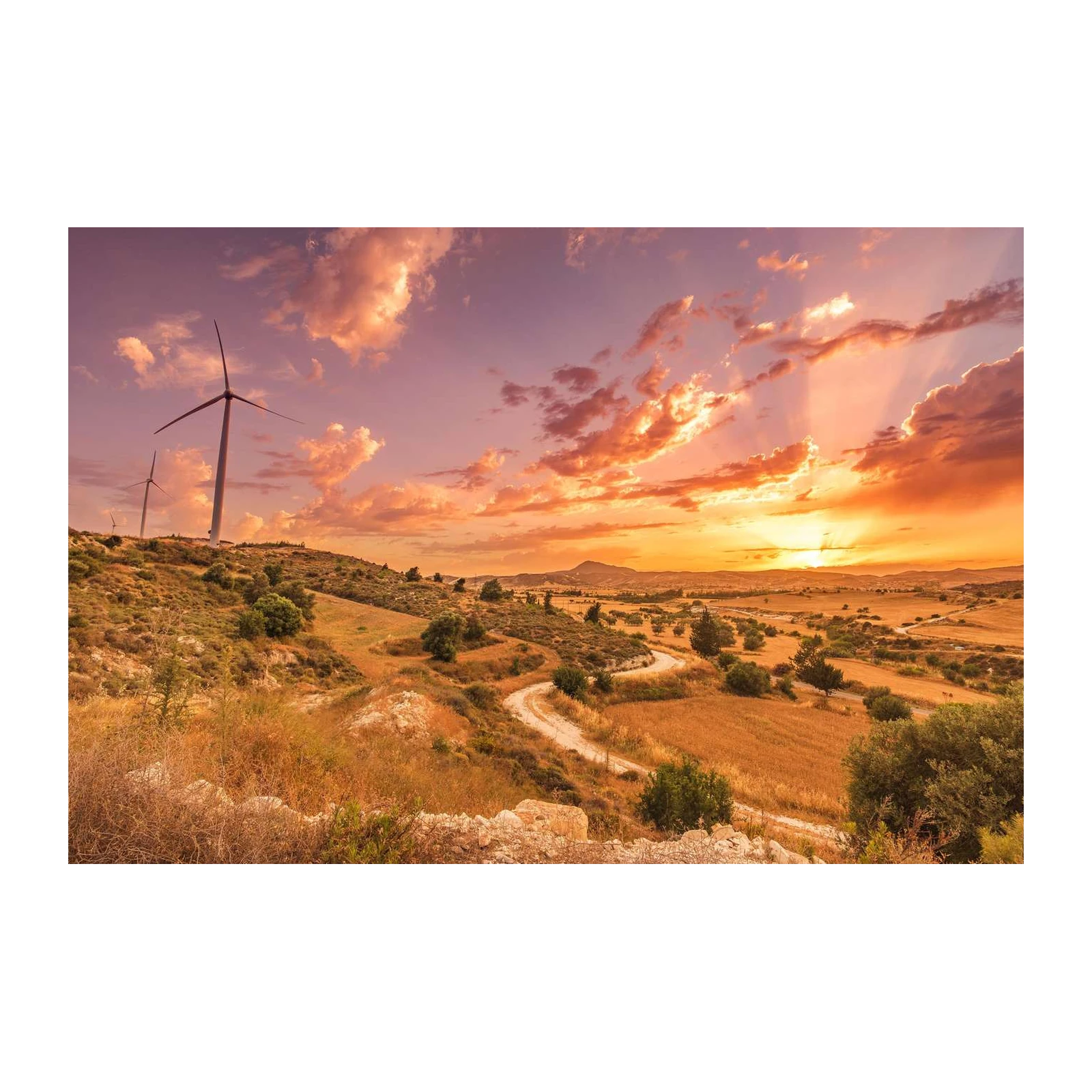 Serene Windmills Sunset Landscape Wall Art