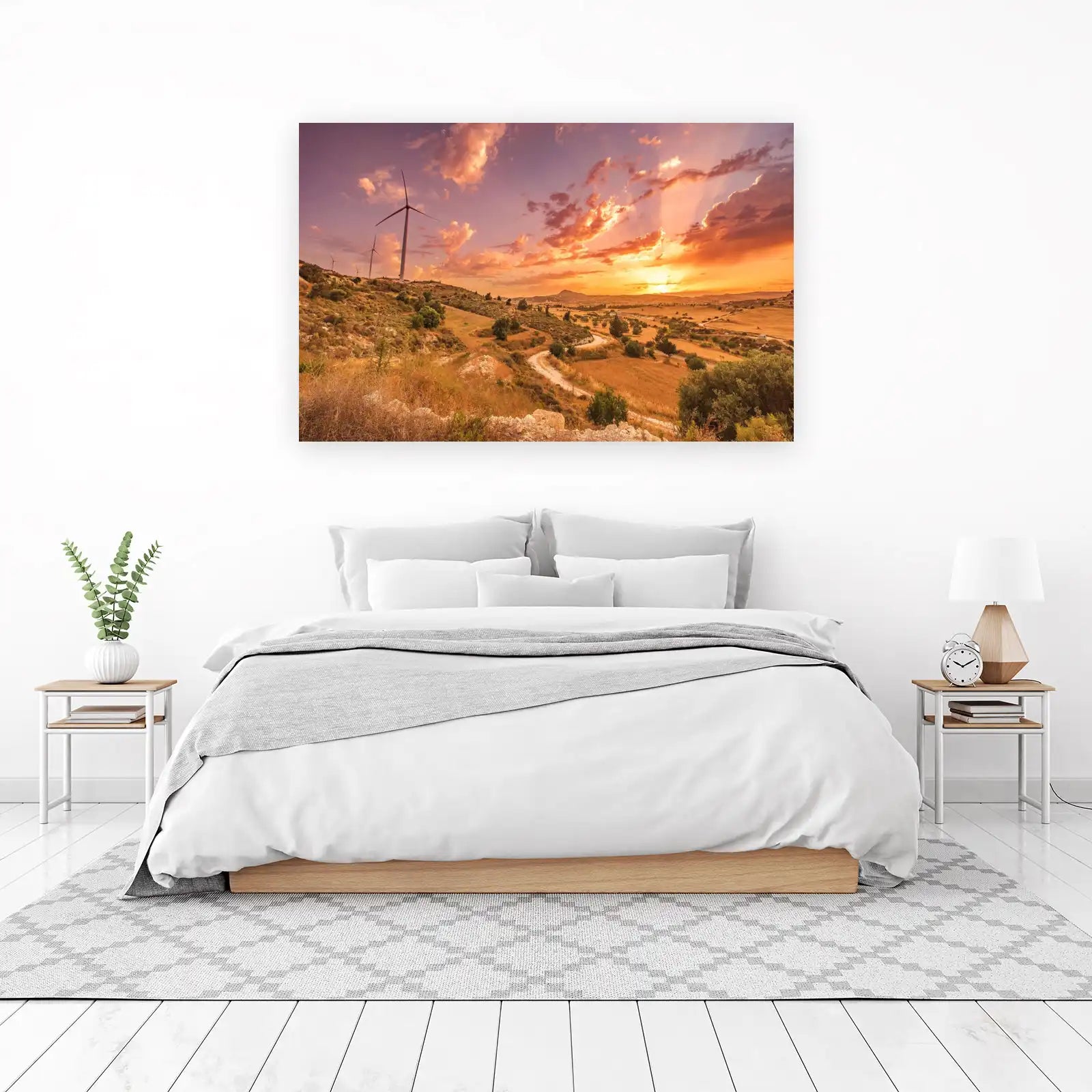 Serene Windmills Sunset Landscape Wall Art