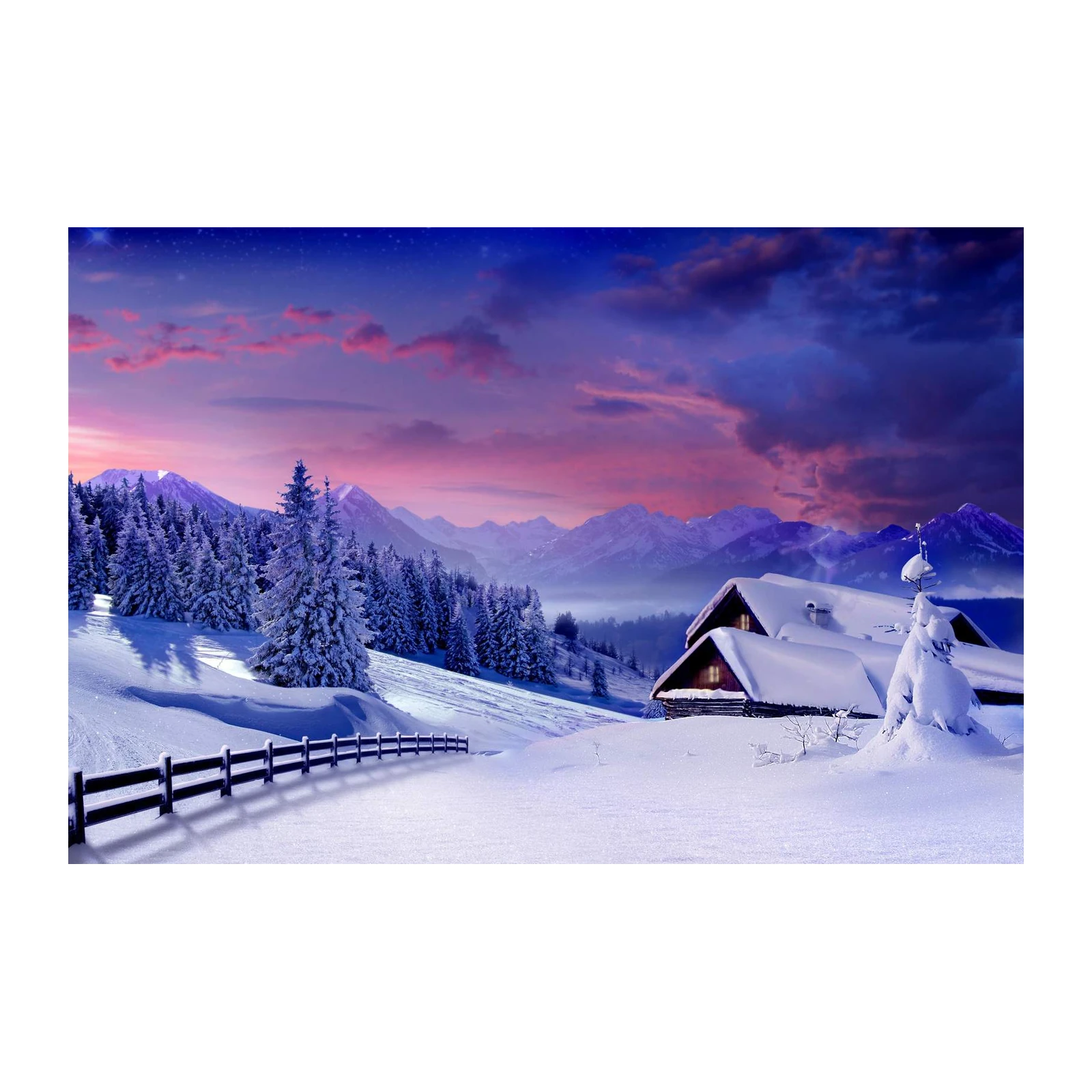 Cozy Winter Cabin Sunset Landscape Wall Art