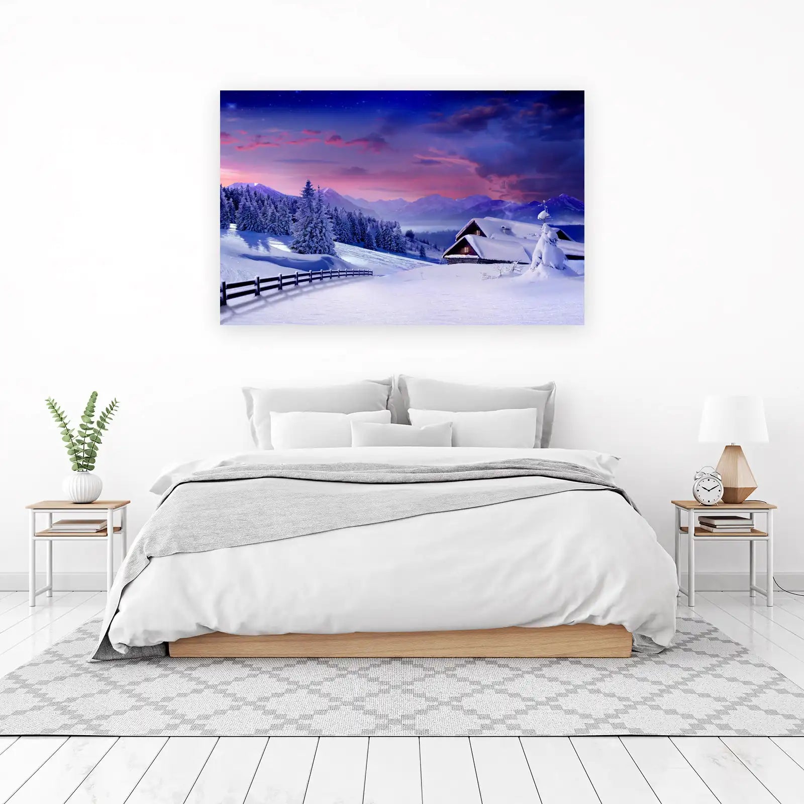 Cozy Winter Cabin Sunset Landscape Wall Art