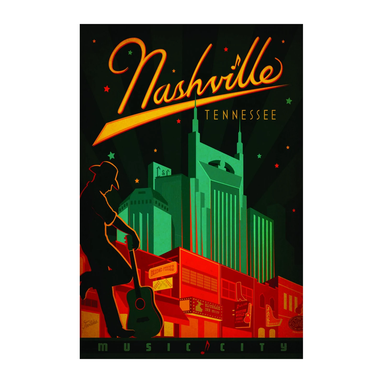 Vintage Nashville Music City Guitar Wall Art