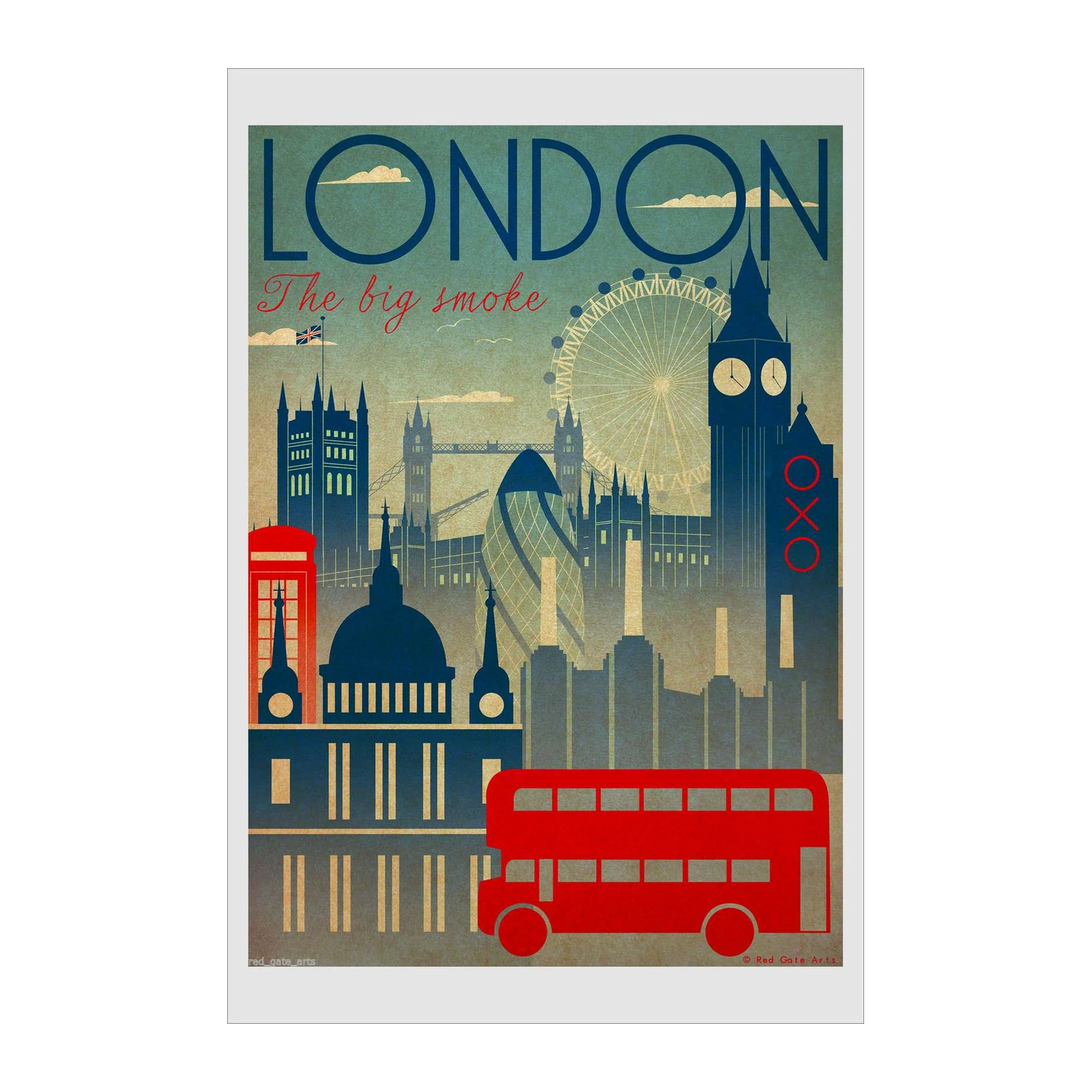 Vintage London Skyline Red Bus Wall Art