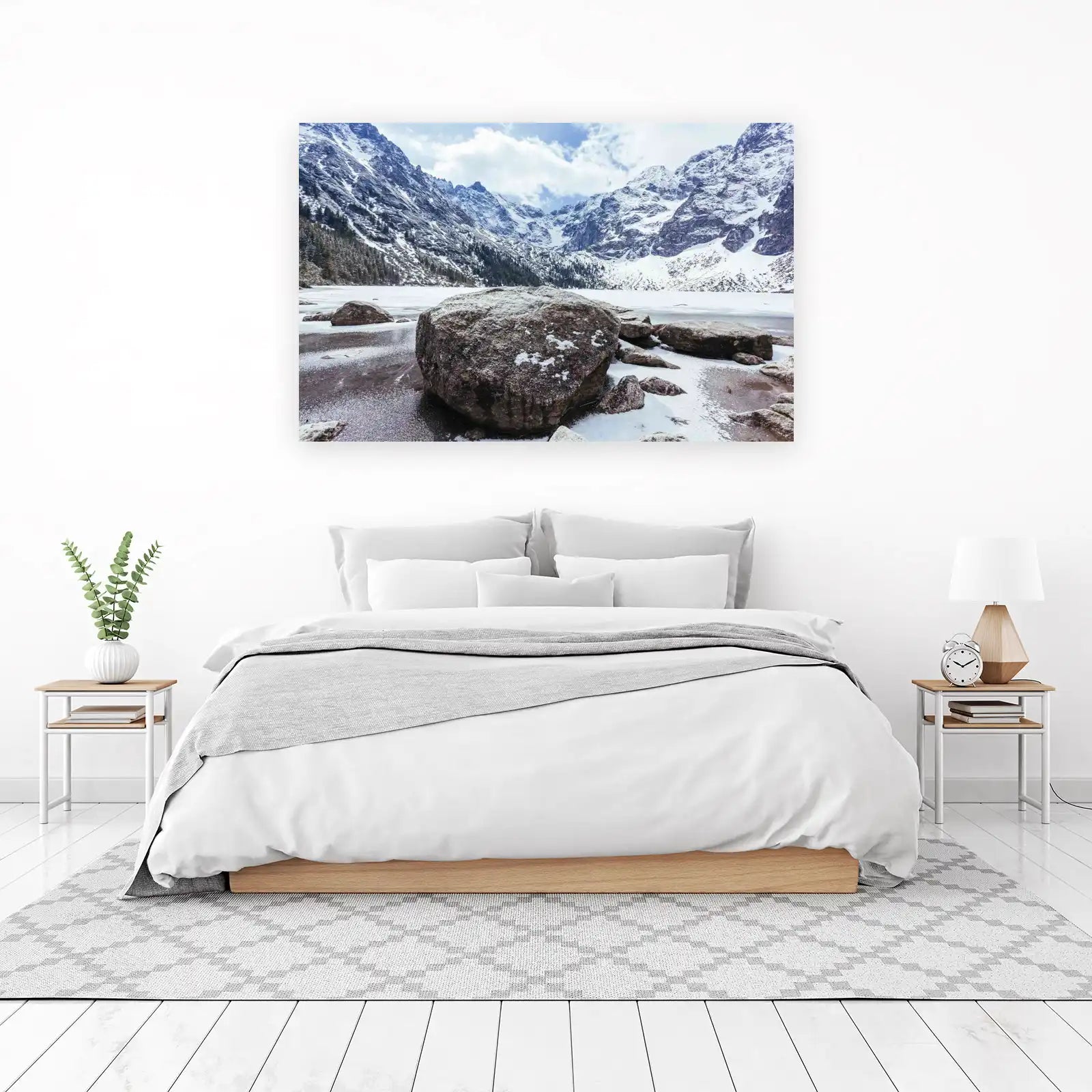 Majestic Snowy Mountain Lake Rocks Wall Art