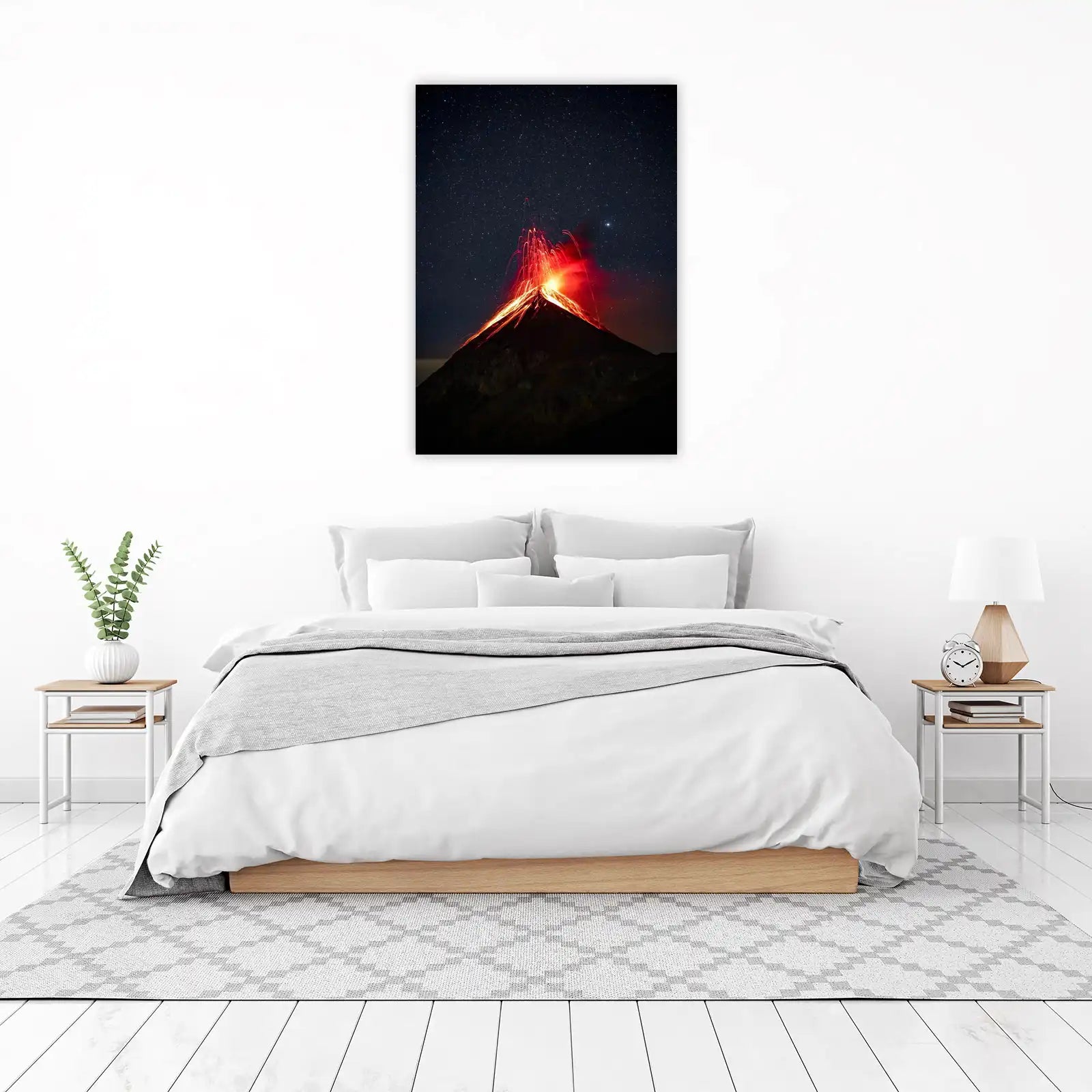 Fiery Volcano Eruption Under Starry Sky Wall Art