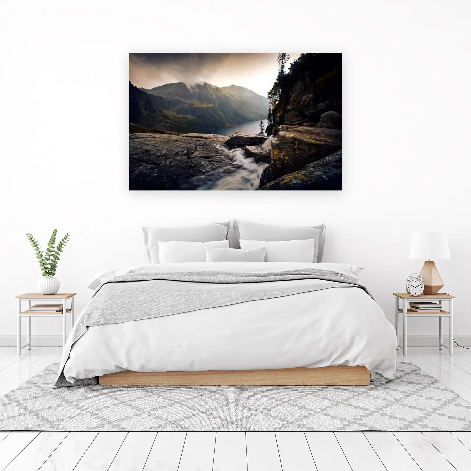 Misty Mountain Lake Waterfall Landscape Wall Art