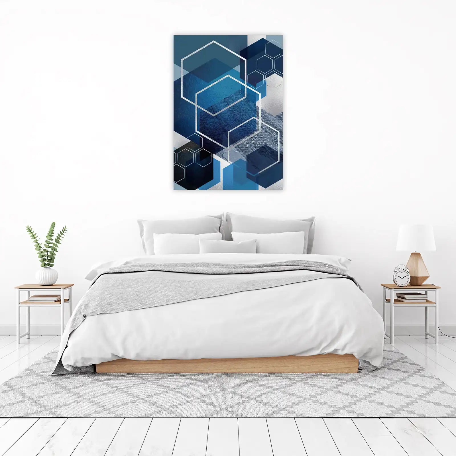 Geometric Hexagon Abstract Blue Silver Wall Art
