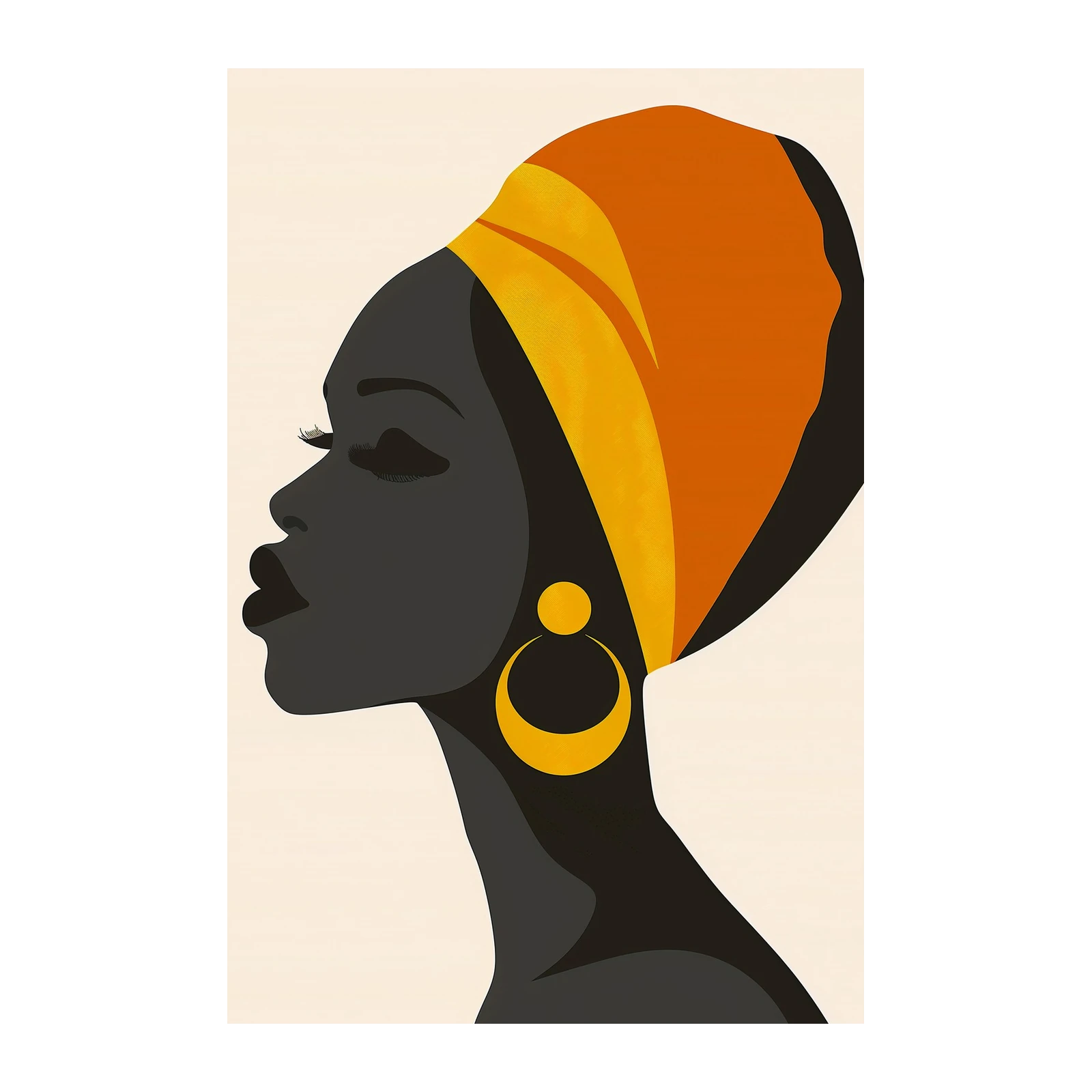 Elegant African Woman Turban Gold Hoop Earrings Wall Art
