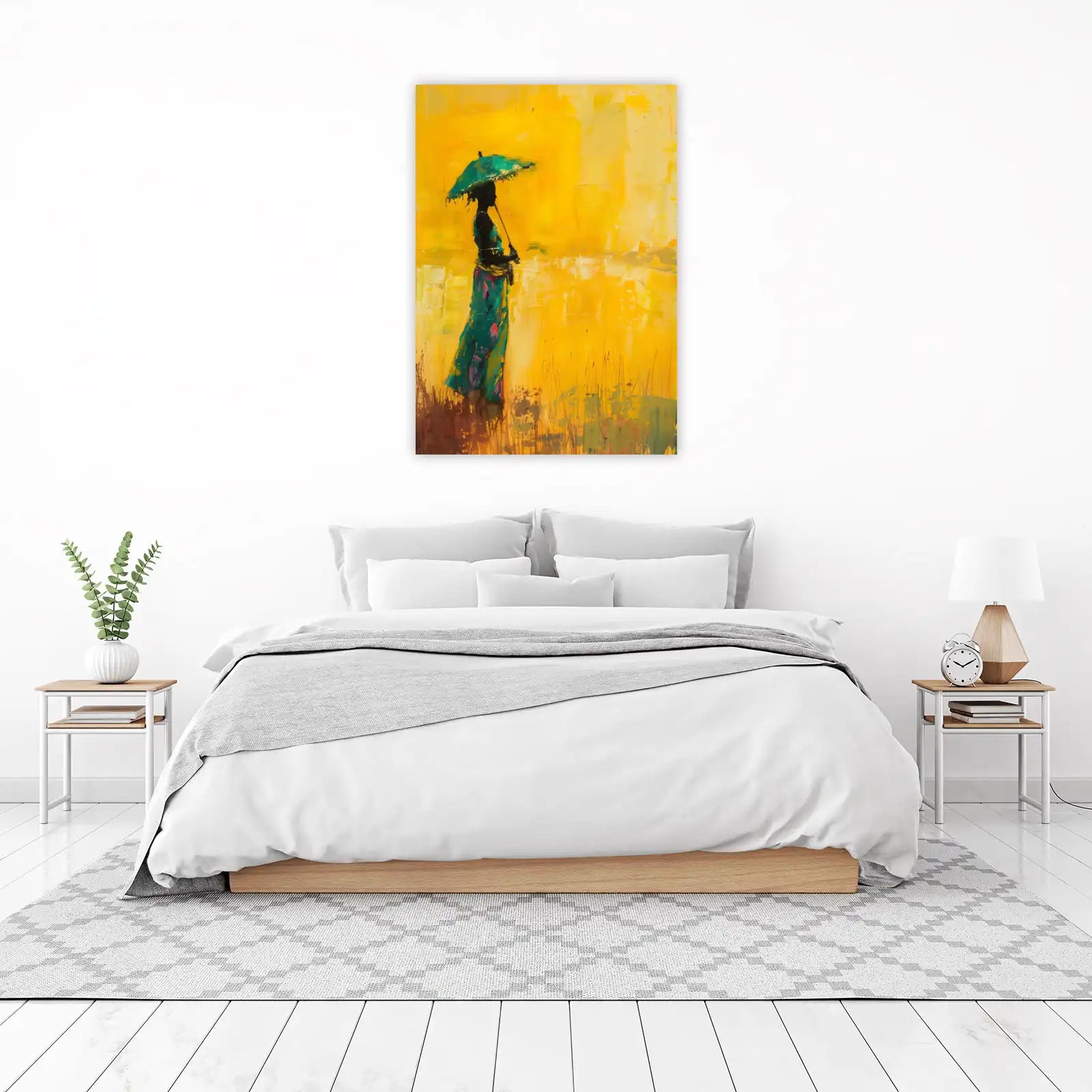 Vibrant Yellow Woman with Umbrella Wall Art