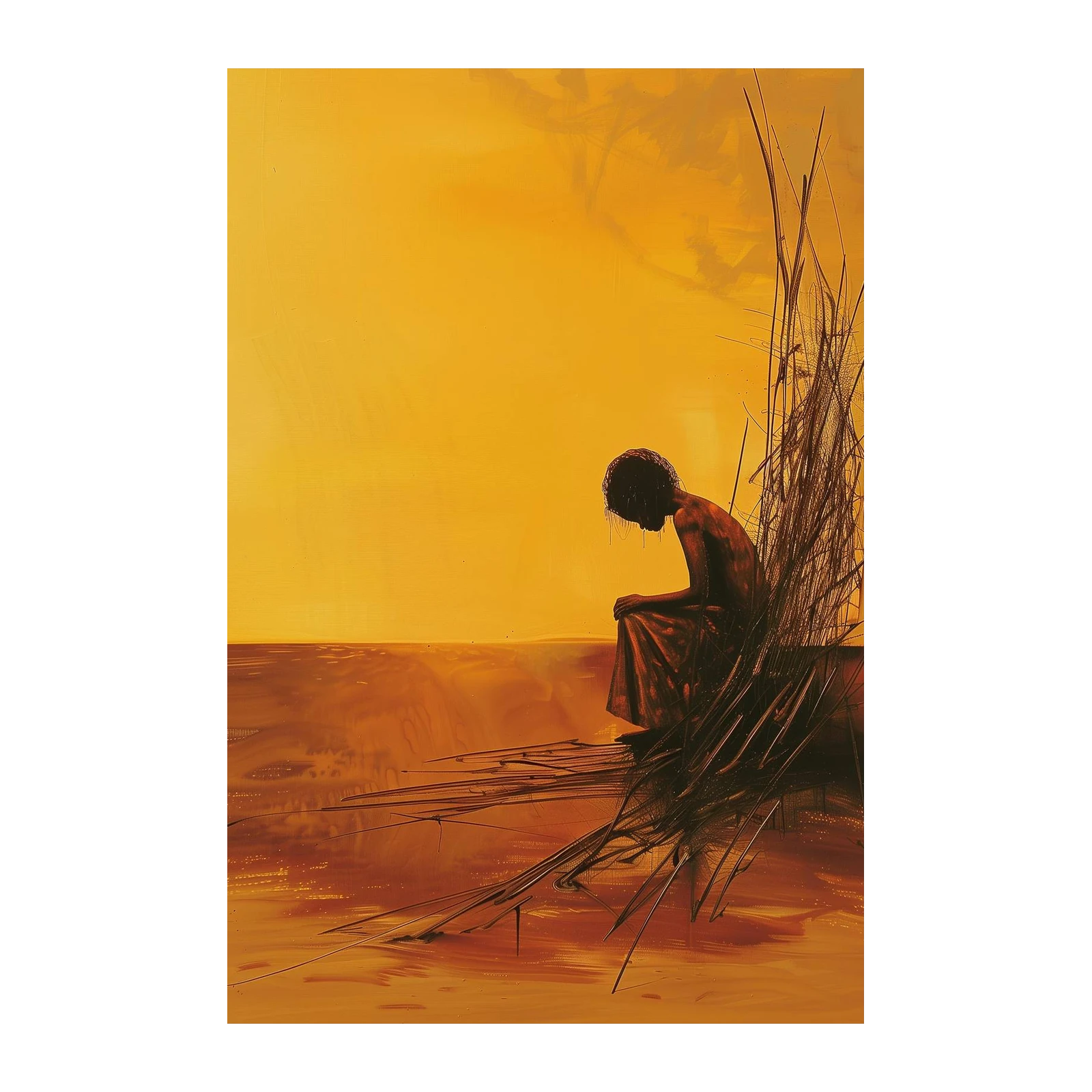 Abstract Figure Contemplation Yellow Wall Art