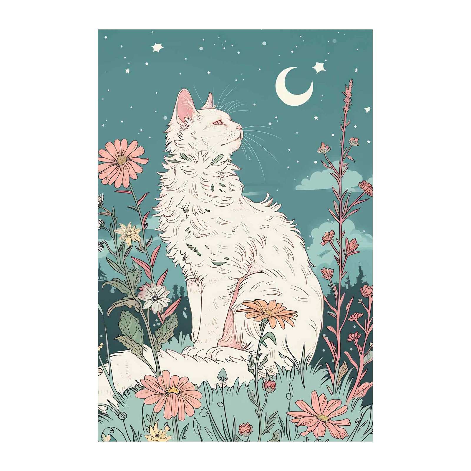 Enchanting White Cat Moonlit Garden Wall Art