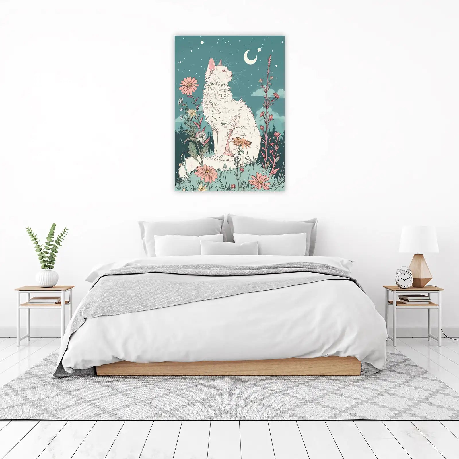 Enchanting White Cat Moonlit Garden Wall Art