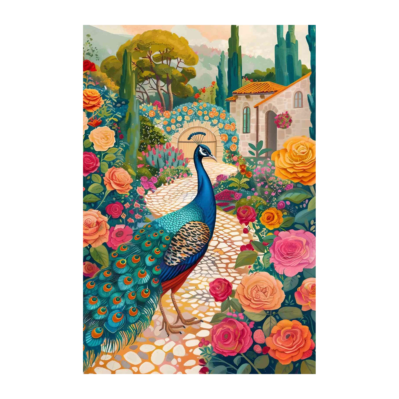 Vibrant Peacock Garden Scene Wall Art