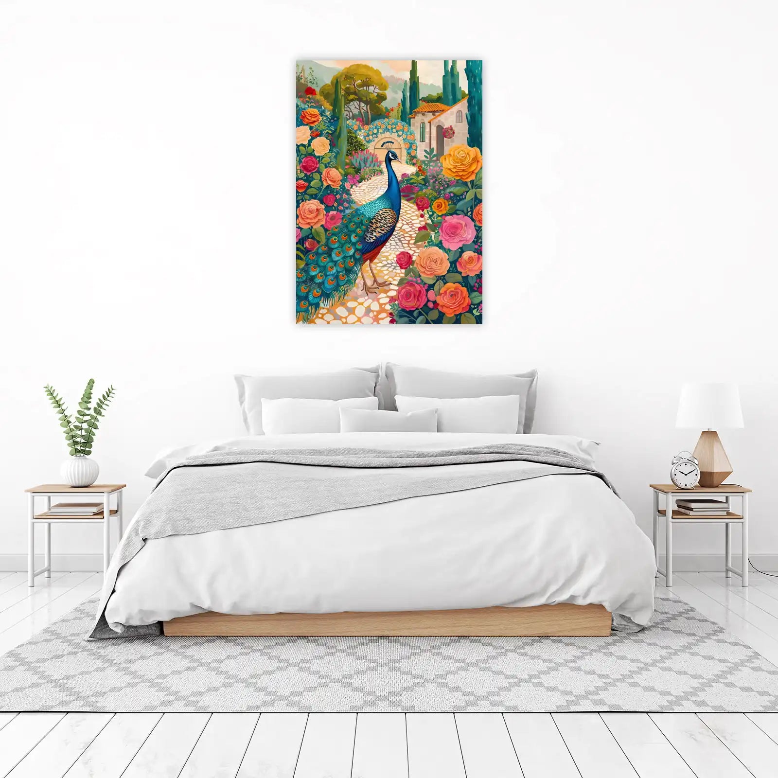 Vibrant Peacock Garden Scene Wall Art