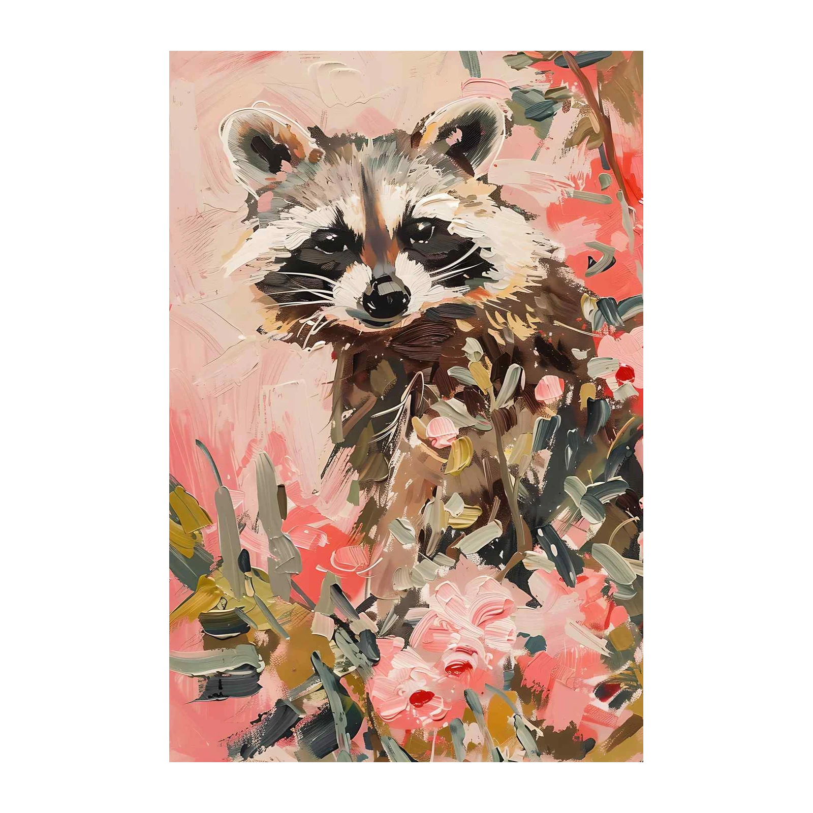 Charming Raccoon Floral Oil Painting Wall Art