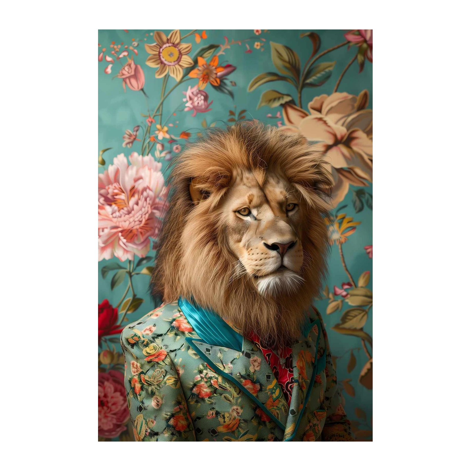 Regal Lion Portrait Floral Jacket Wall Art