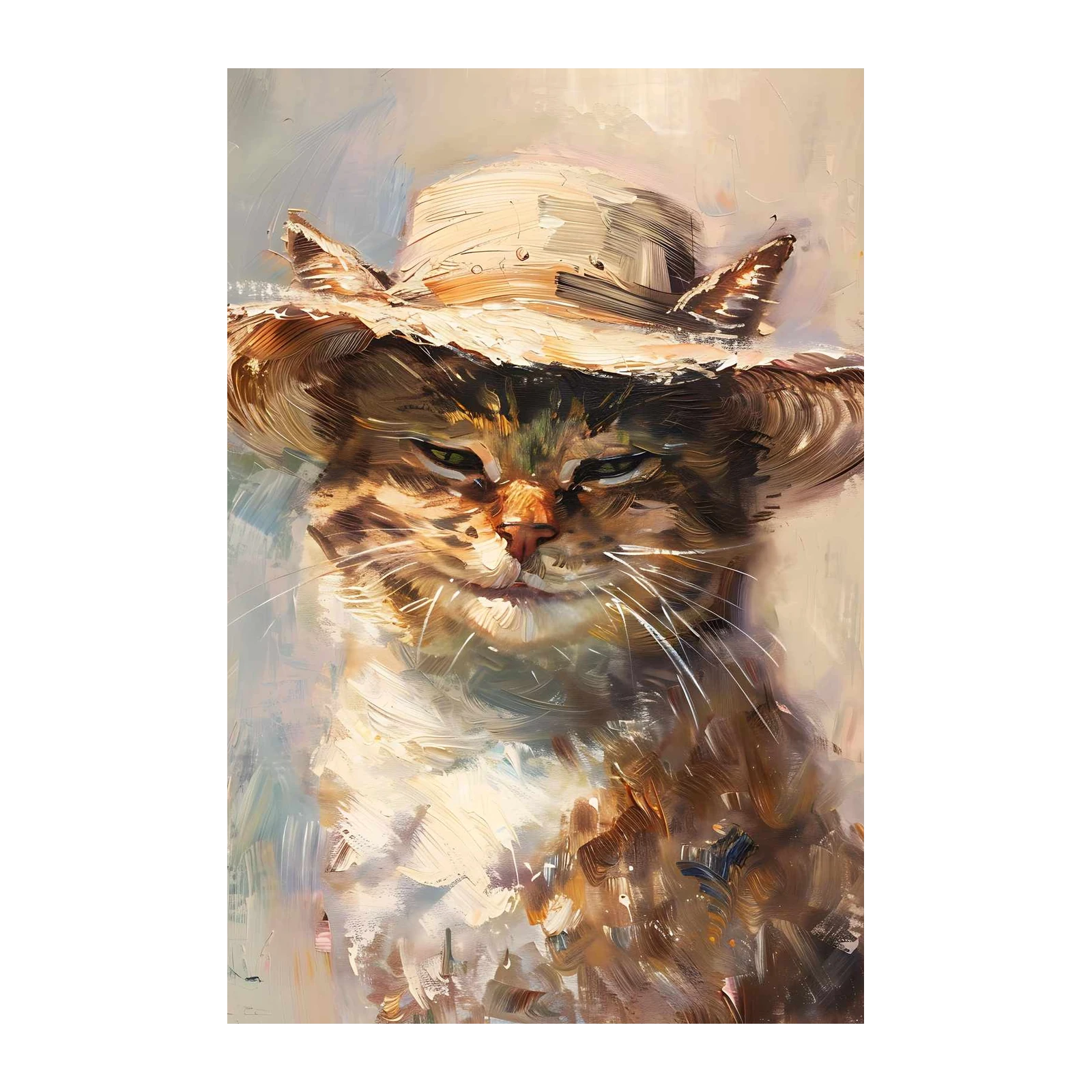 Whimsical Cat with Straw Hat Wall Art