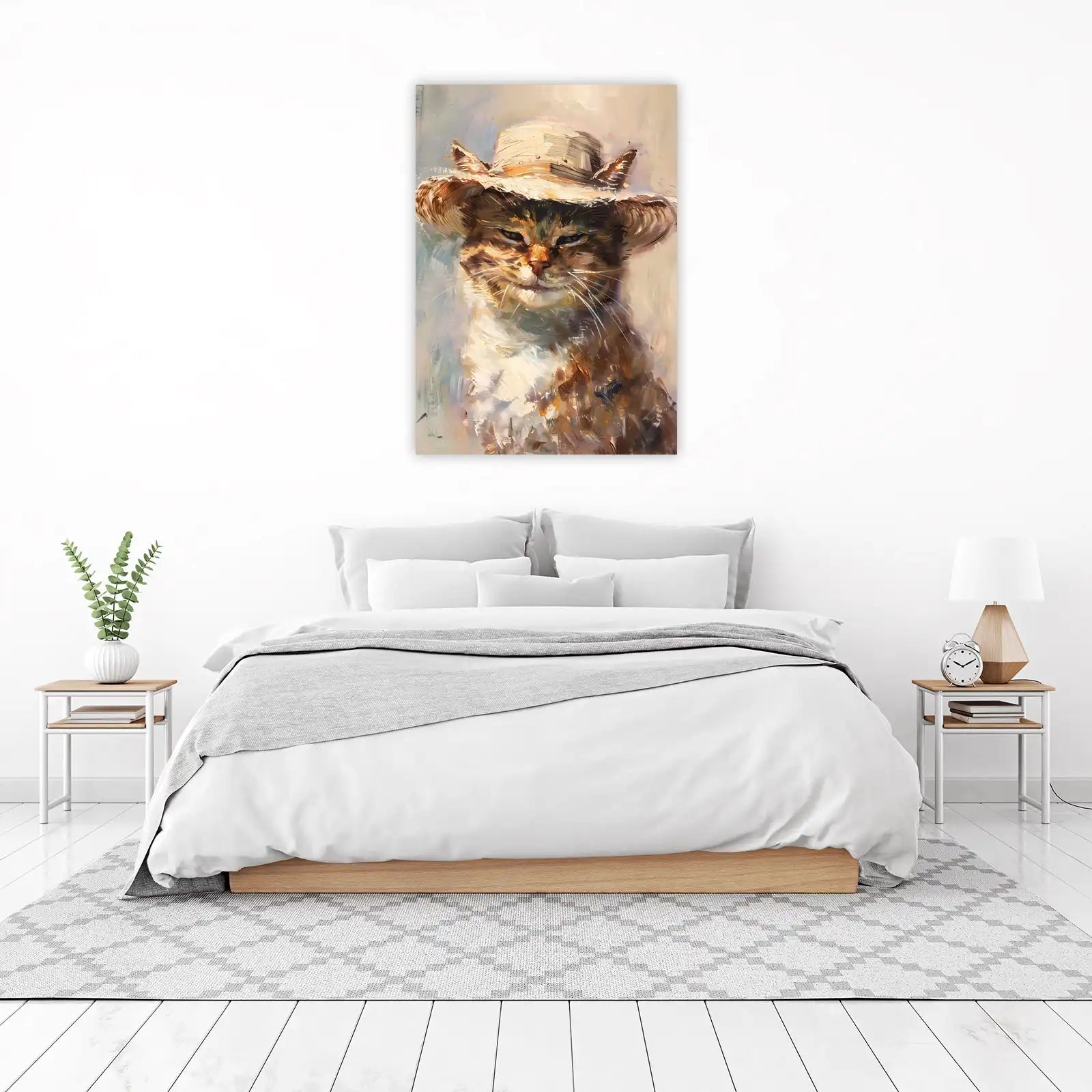 Whimsical Cat with Straw Hat Wall Art