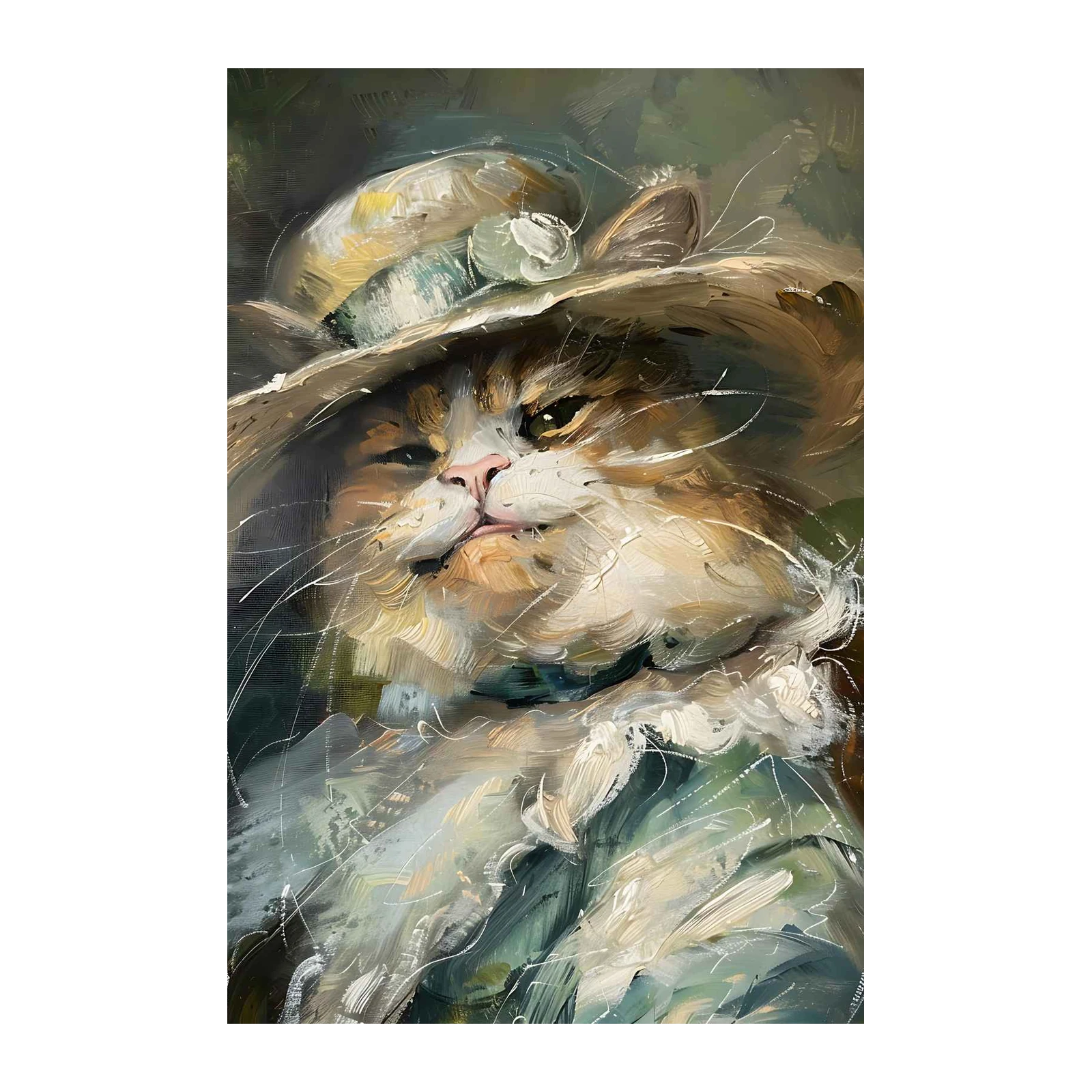 Elegant Cat with Hat Oil Painting Wall Art