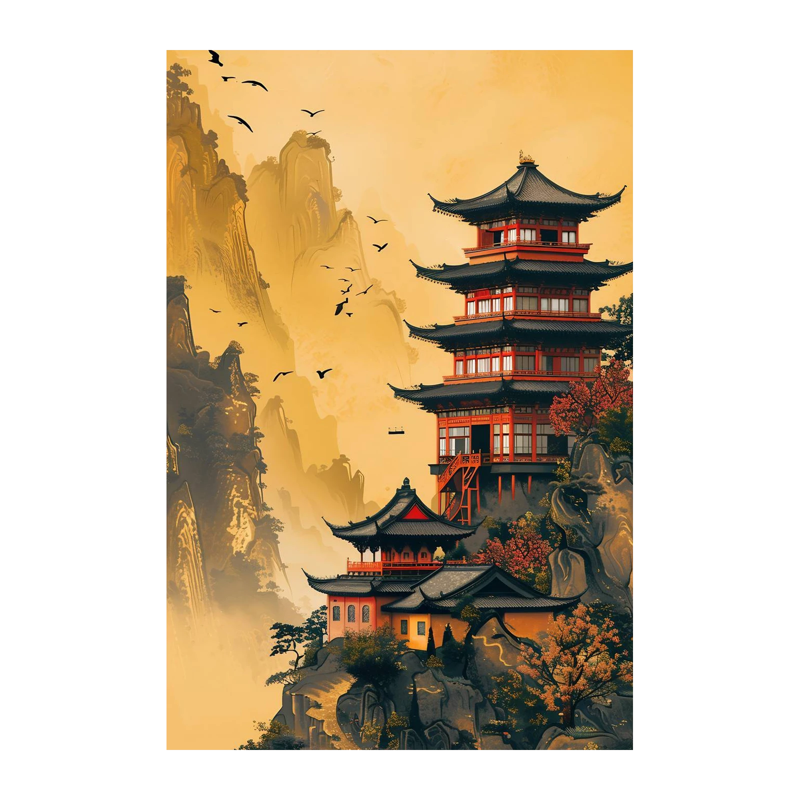 Serene Pagoda Mountainscape Wall Art