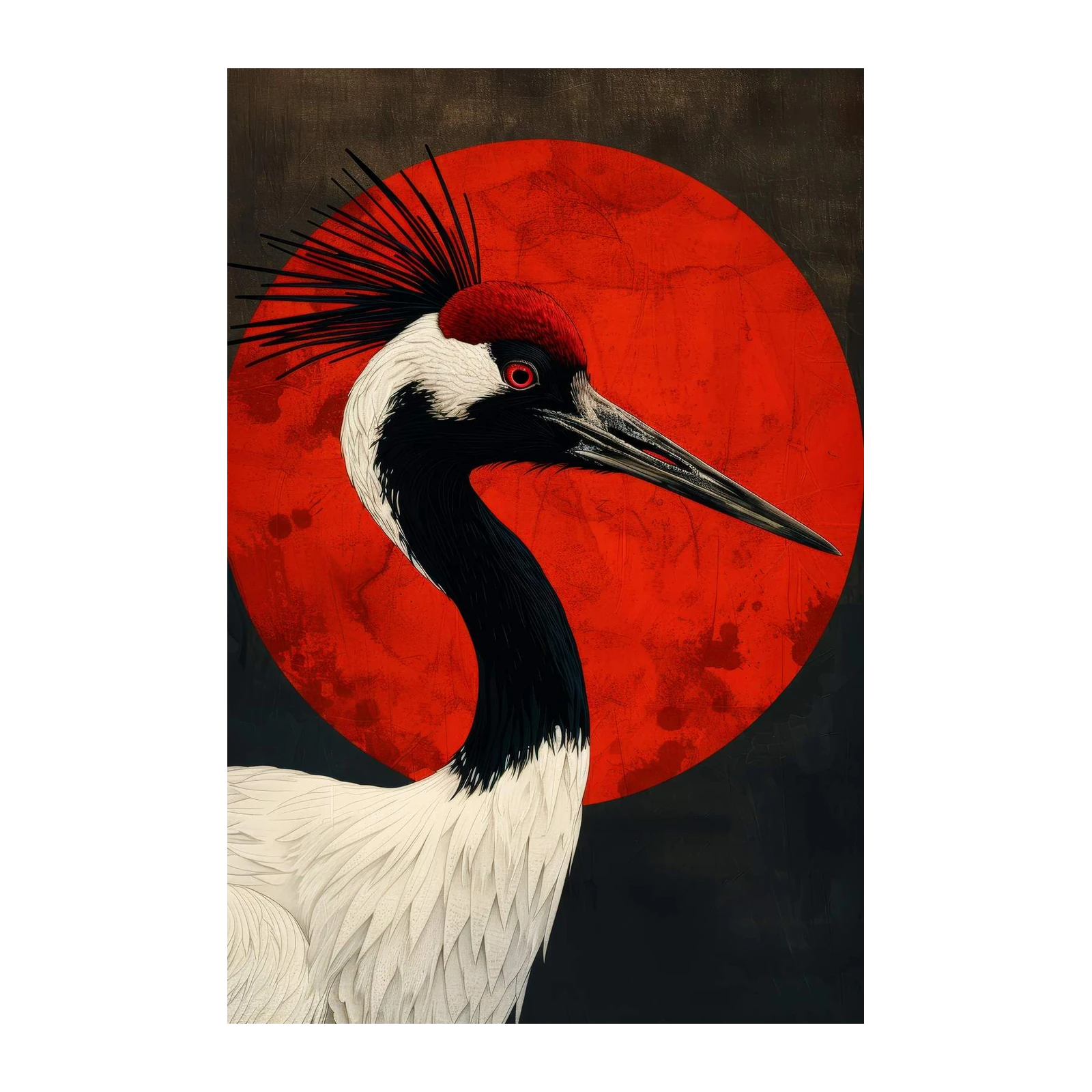 Red Crown Crane Sun Modern Asian Wall Art