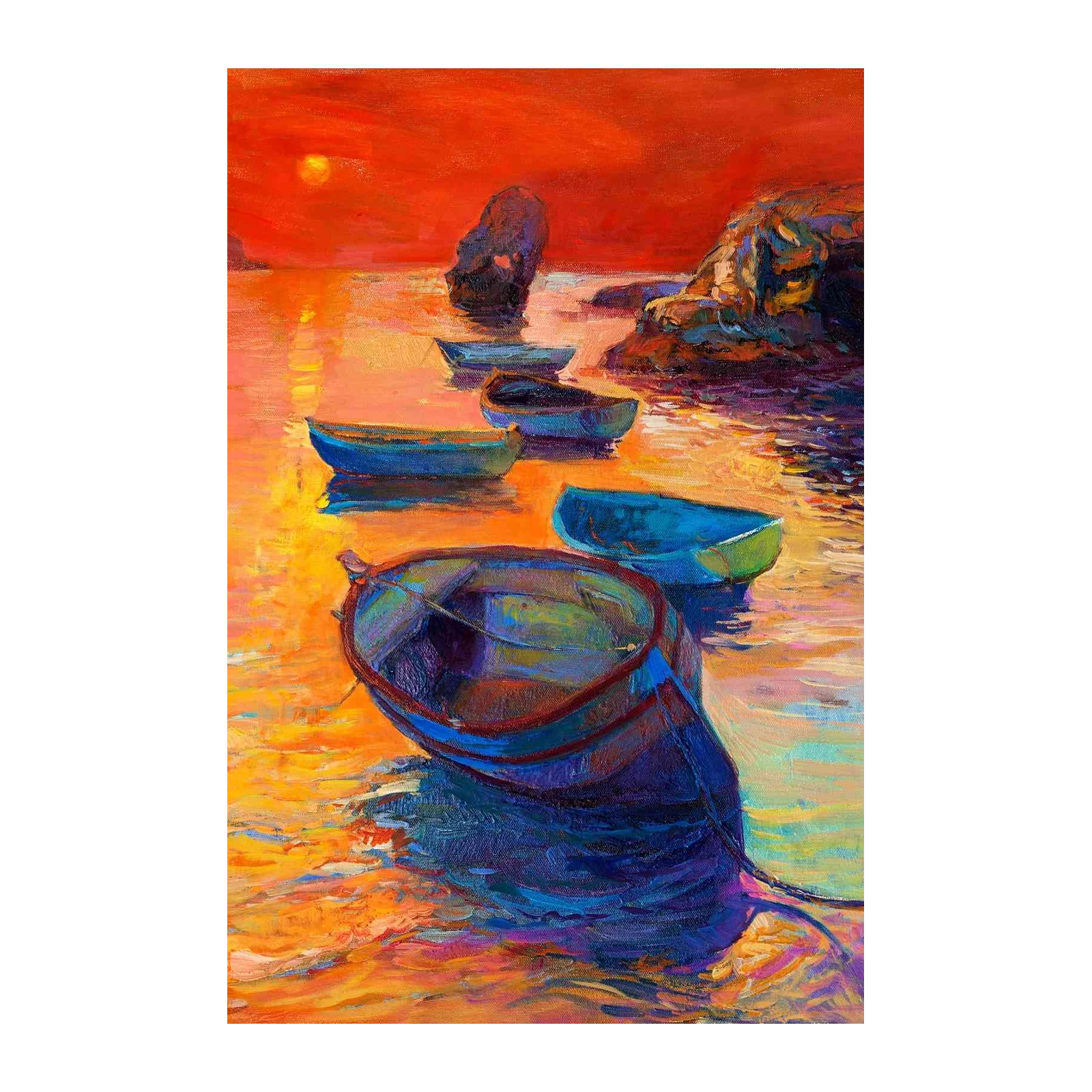 Serene Sunset Boats Oil Painting Wall Art