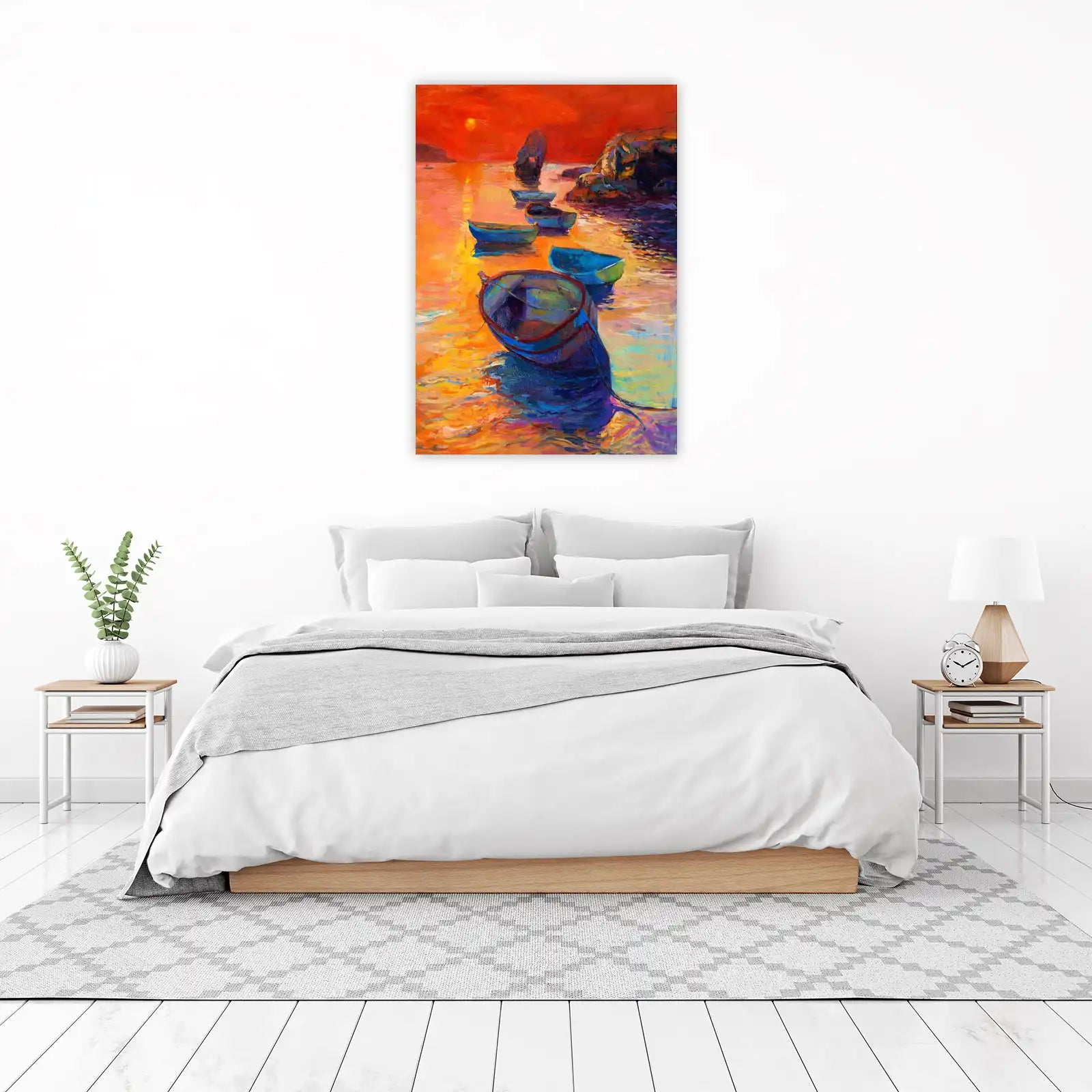 Serene Sunset Boats Oil Painting Wall Art