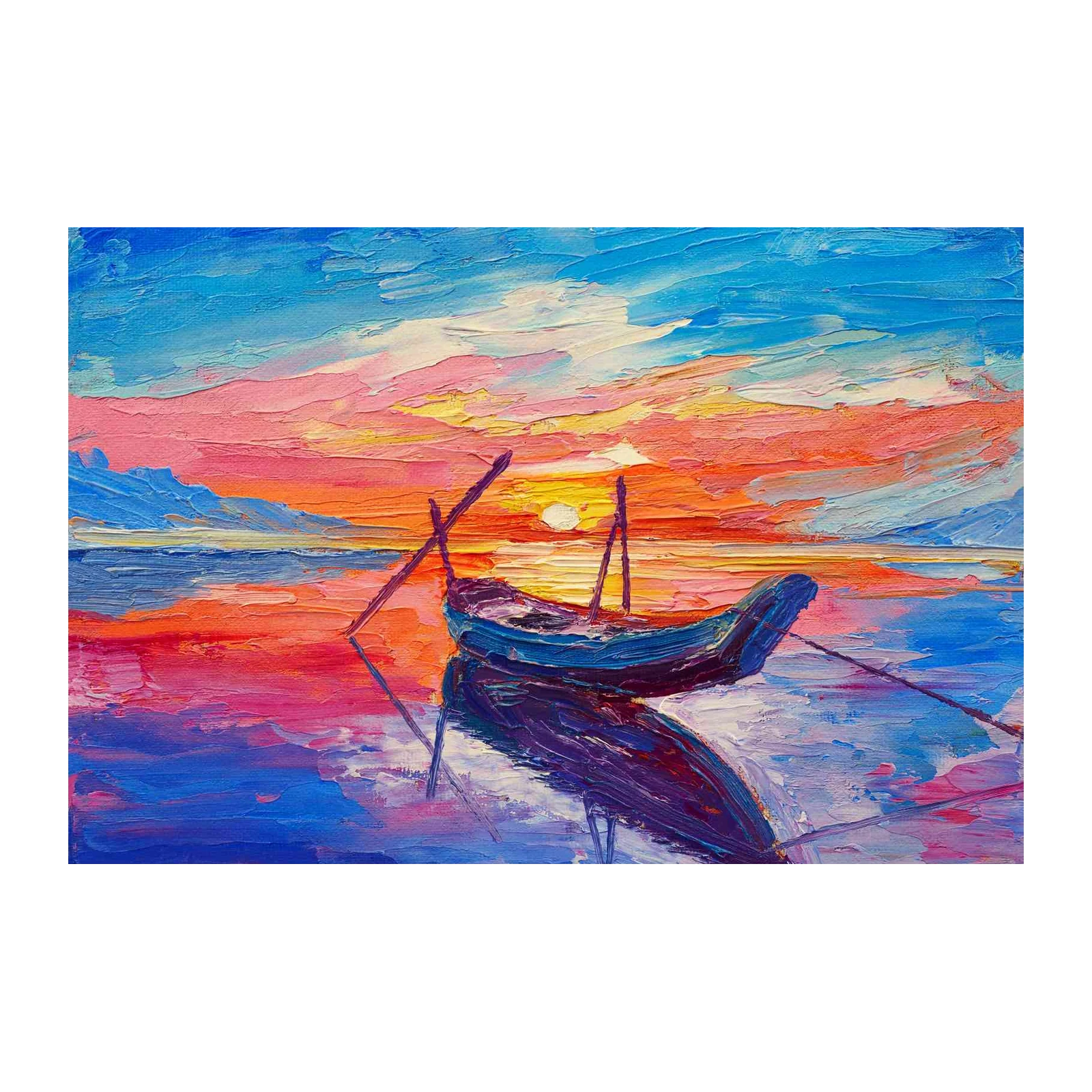 Serene Sunset Boat Oil Painting Wall Art