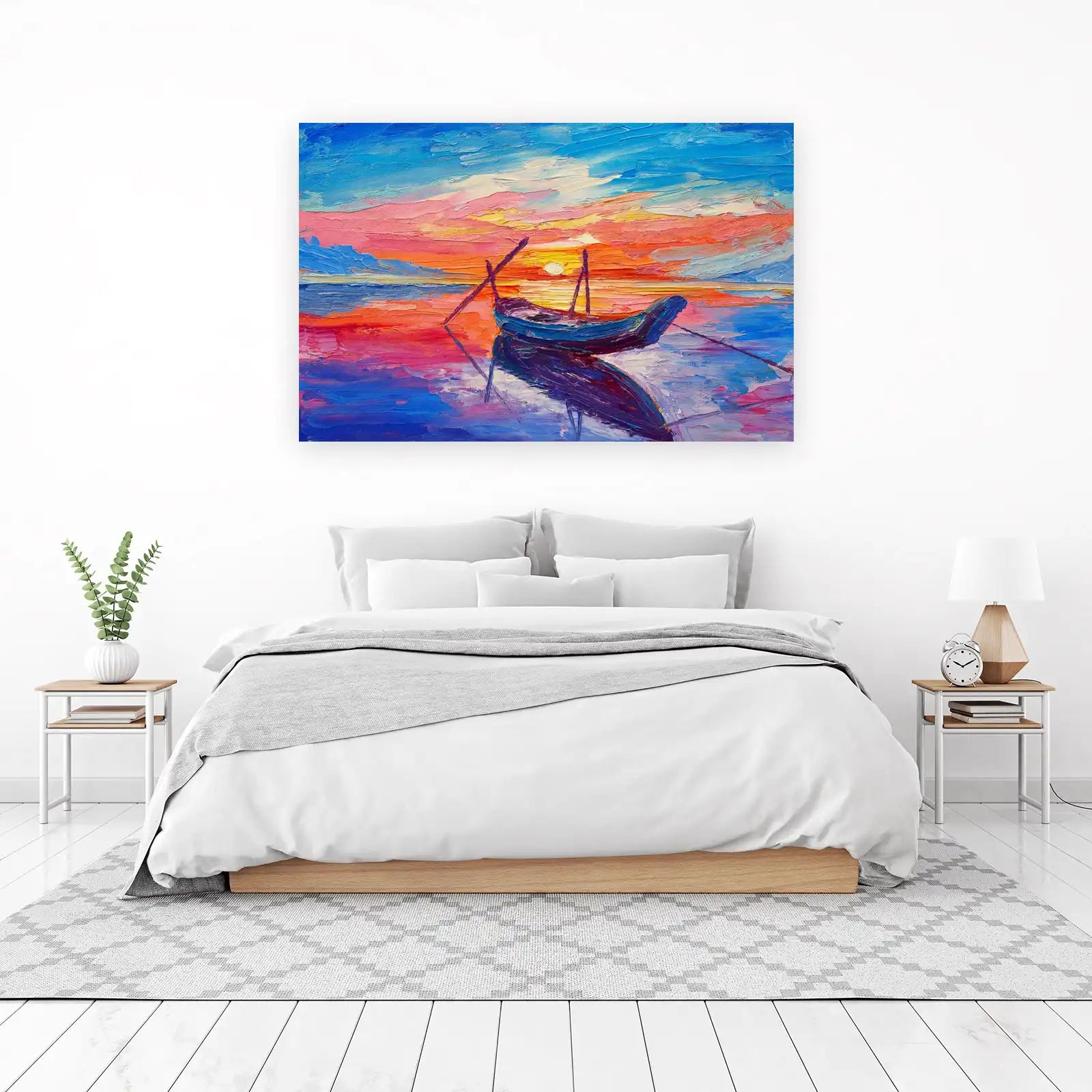 Serene Sunset Boat Oil Painting Wall Art